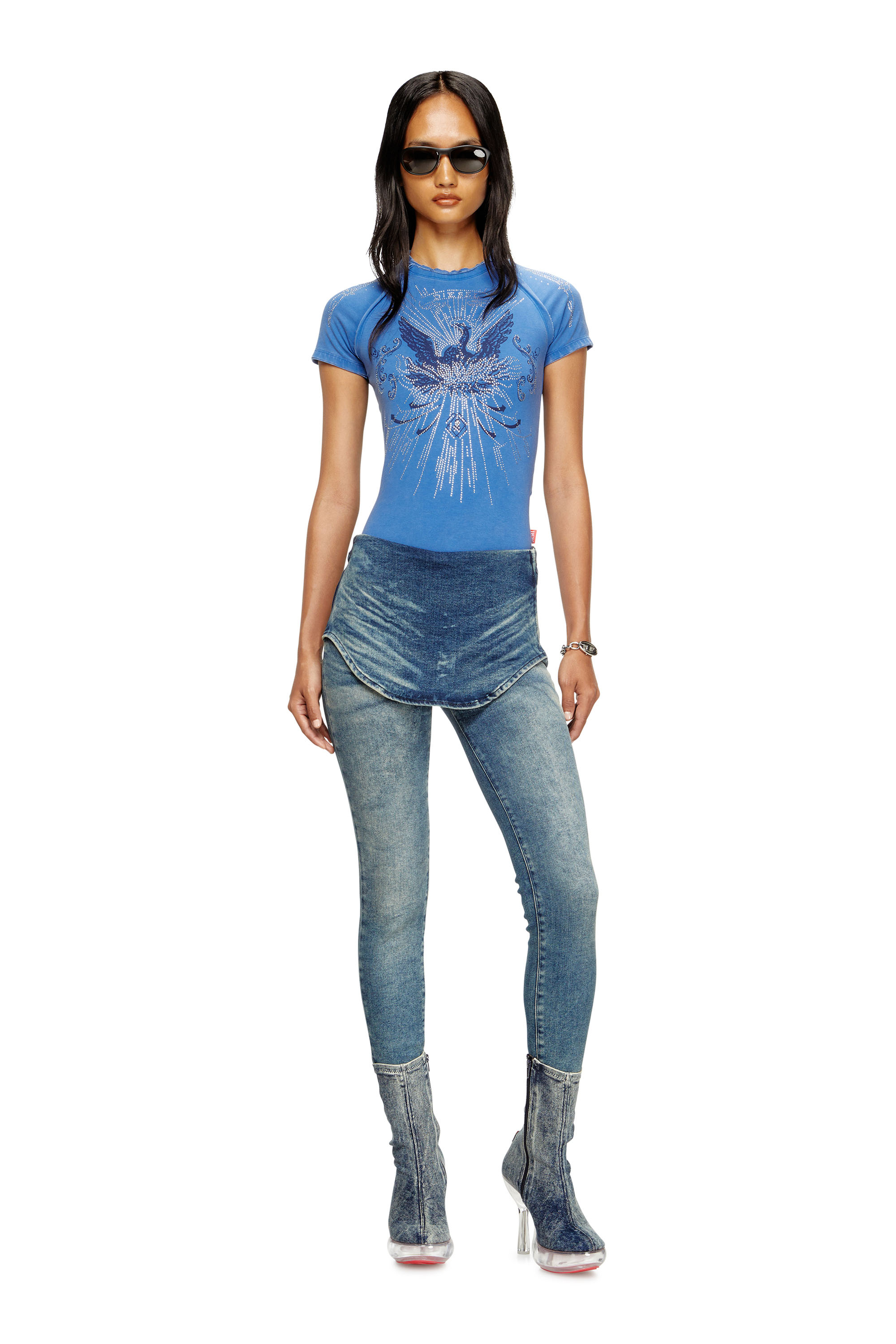 Diesel - T-ROWEENA, Damen Phoenix-T-Shirt mit Strasssteinen in Blau - 1