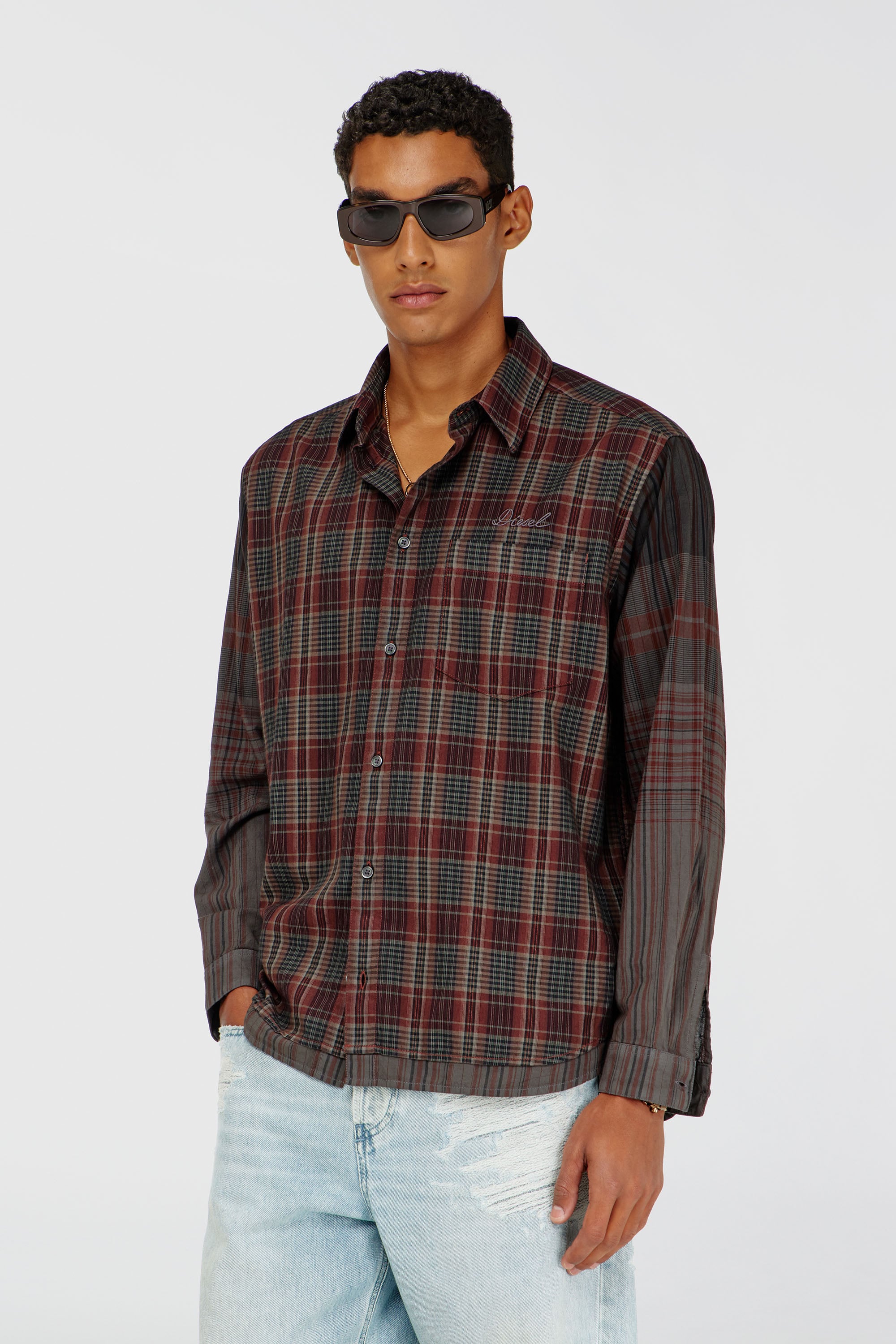 Diesel - S-TEN, Herren Hemd aus Flanell mit metallischem Karomuster in Grau/Rot - 1