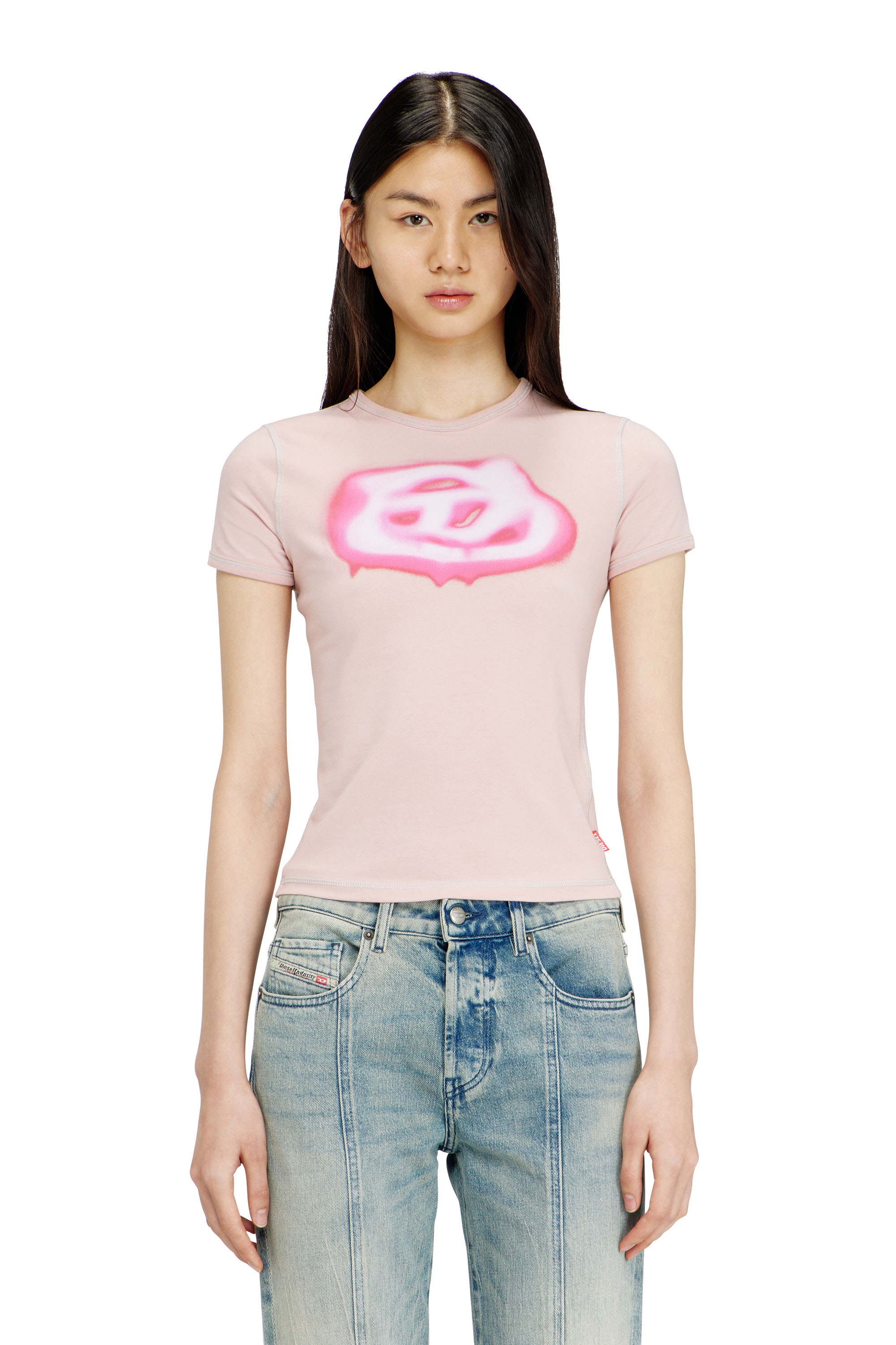 Diesel - T-UNCUTIES-LONG-S3, Damen Schmales T-Shirt mit Logo im Graffiti-Stil in Rosa - 1
