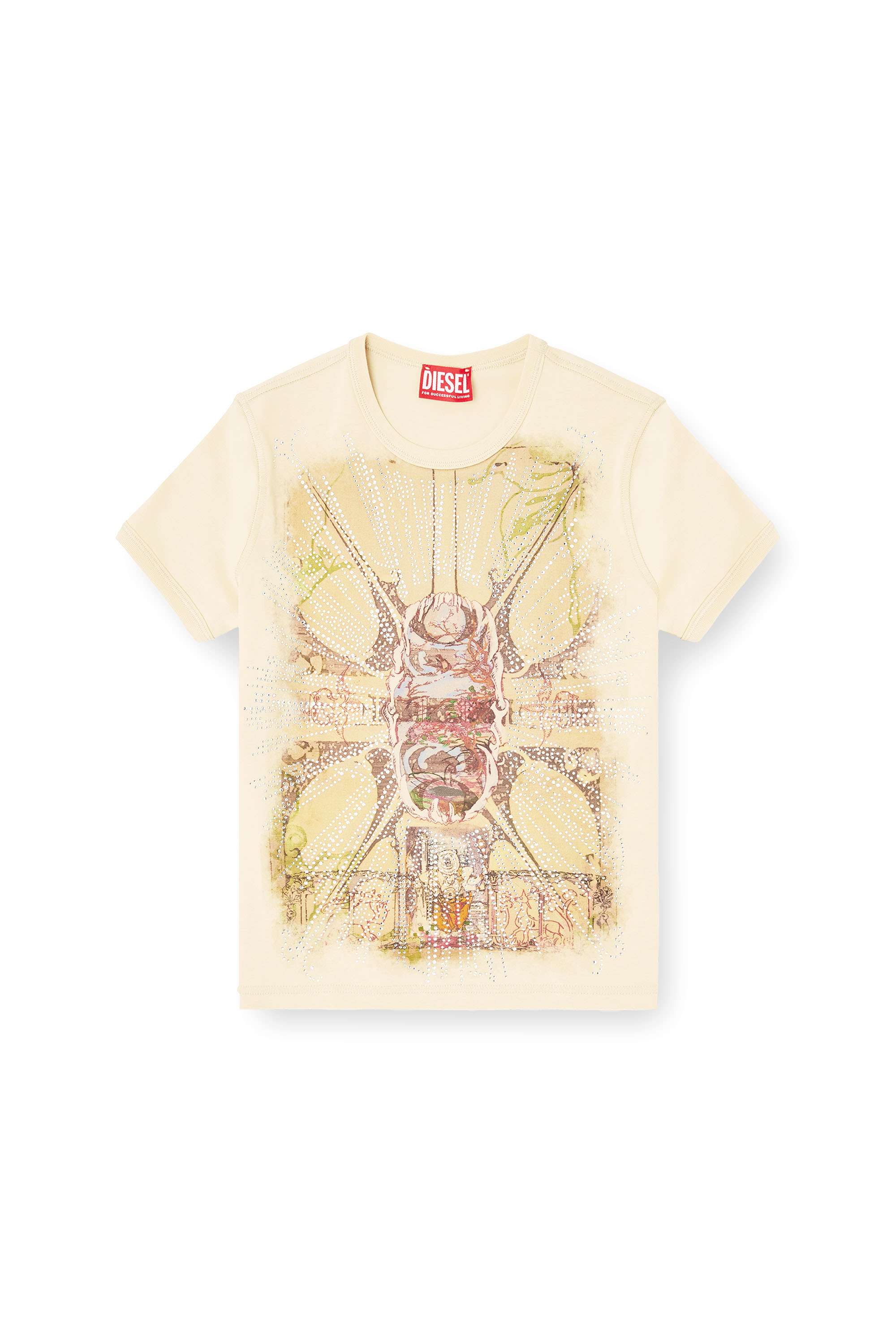 Diesel - T-UNCUTIES-LONG-R14, Damen T-Shirt mit Strass-Grafik in Hellbraun - 2