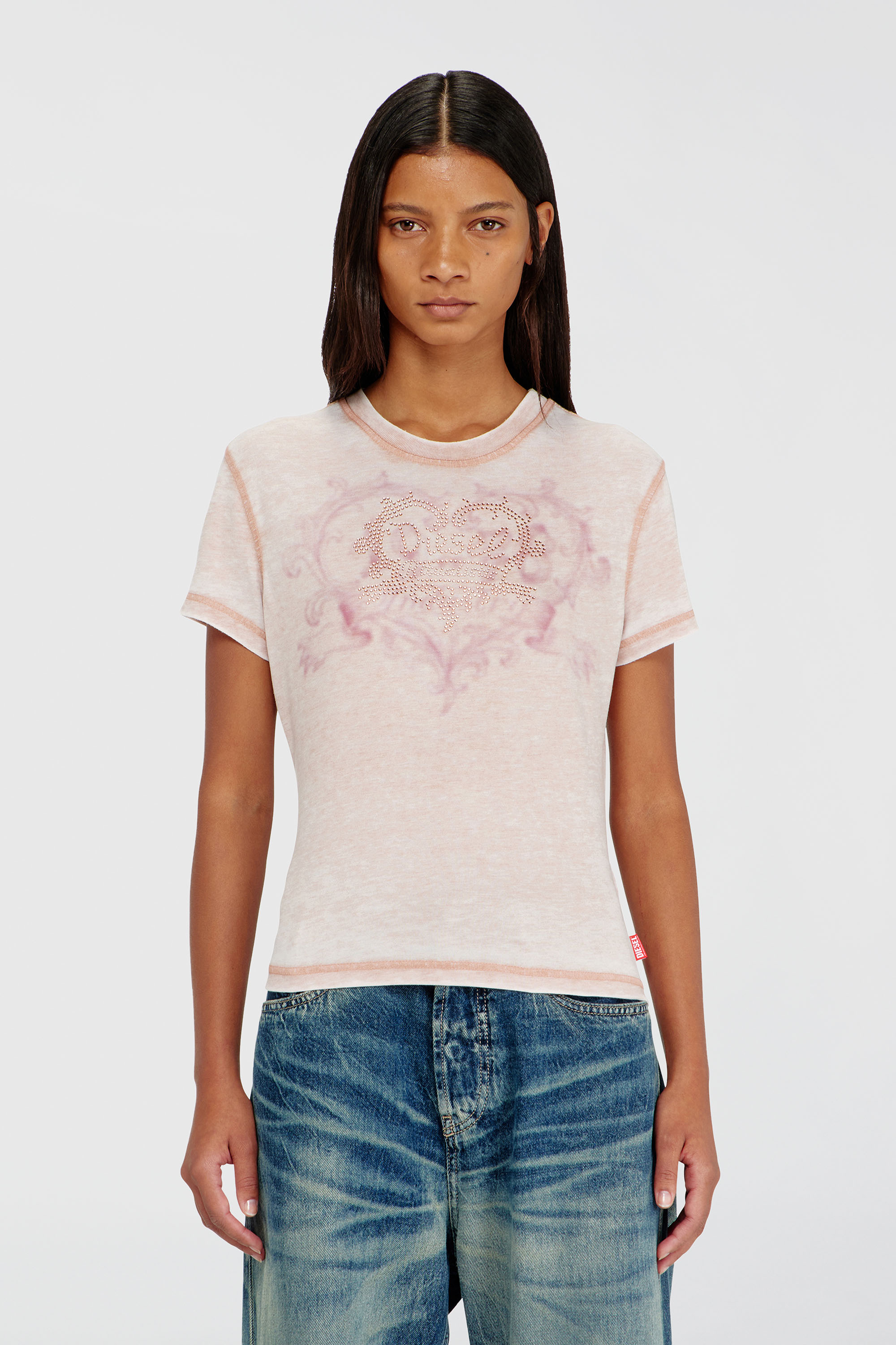 Diesel - T-ILA-AA1, Damen Jersey-T-Shirt mit Strasssteinen und burnout effect in Gesichtspuder - 1