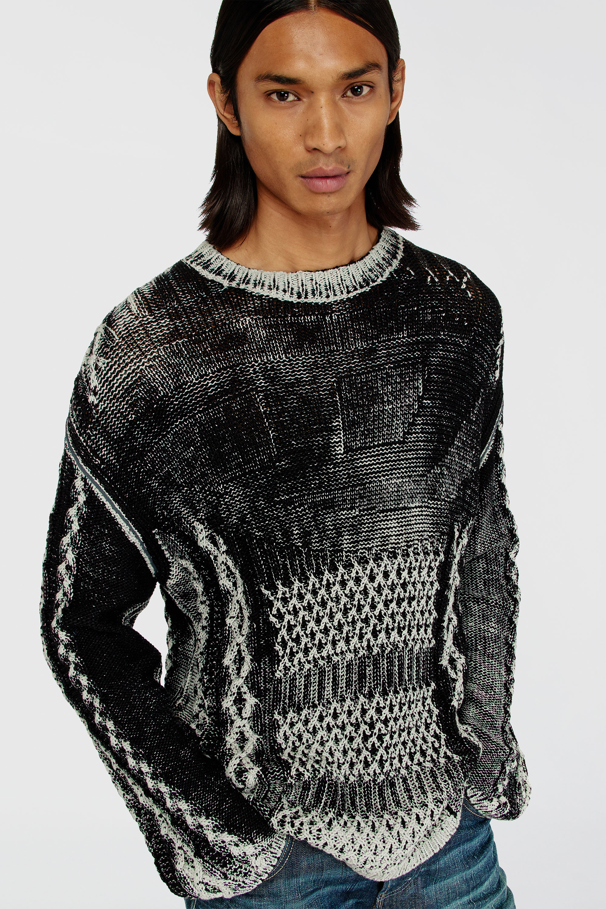 Diesel - K-MIONE, Herren Treated cable-knit Pullover in Grau/Schwarz - 5