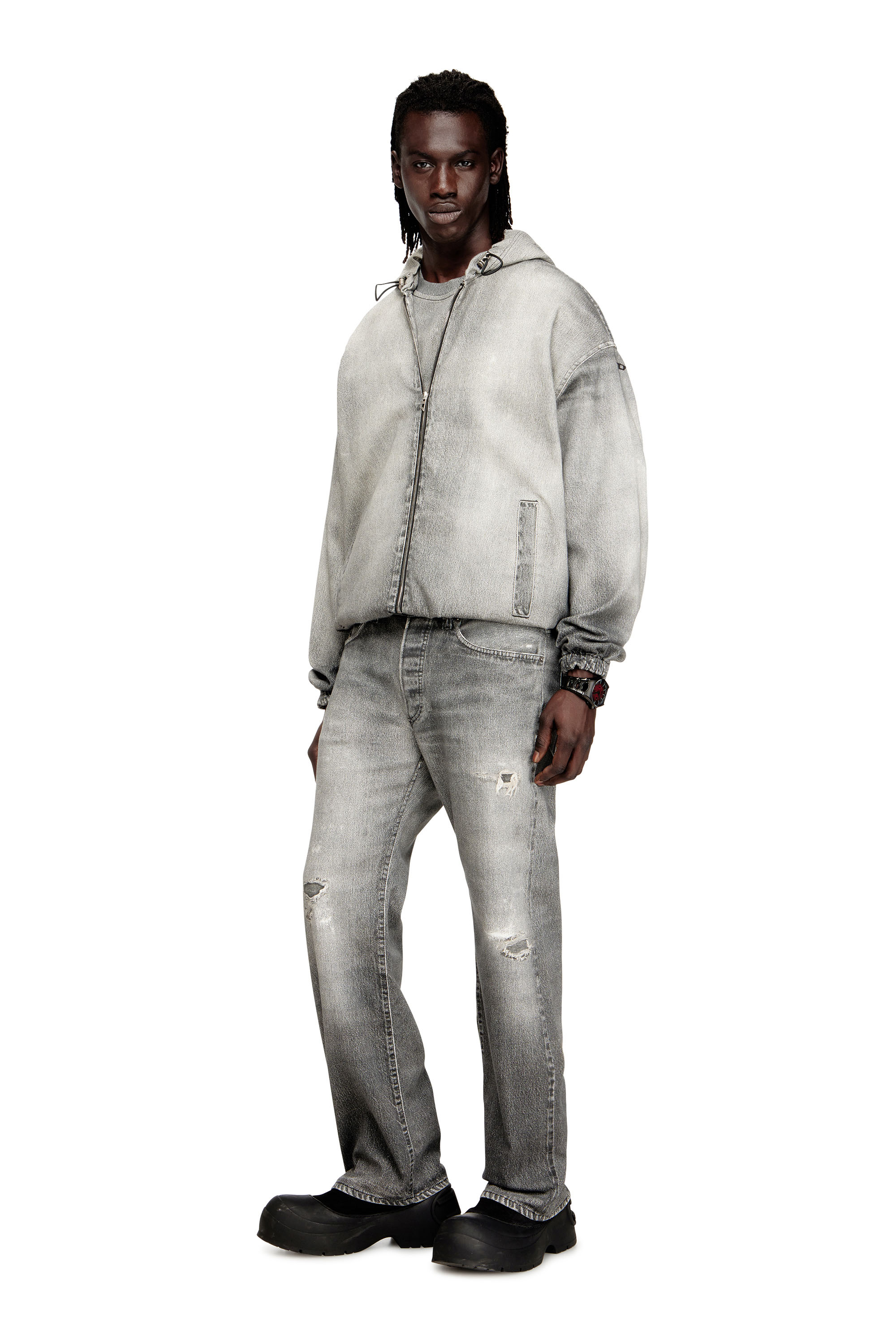 Diesel - D-WYNNY JOGG, Herren Kapuzenjacke aus Trompe-l'oeil-JoggJeans in Grau - 1