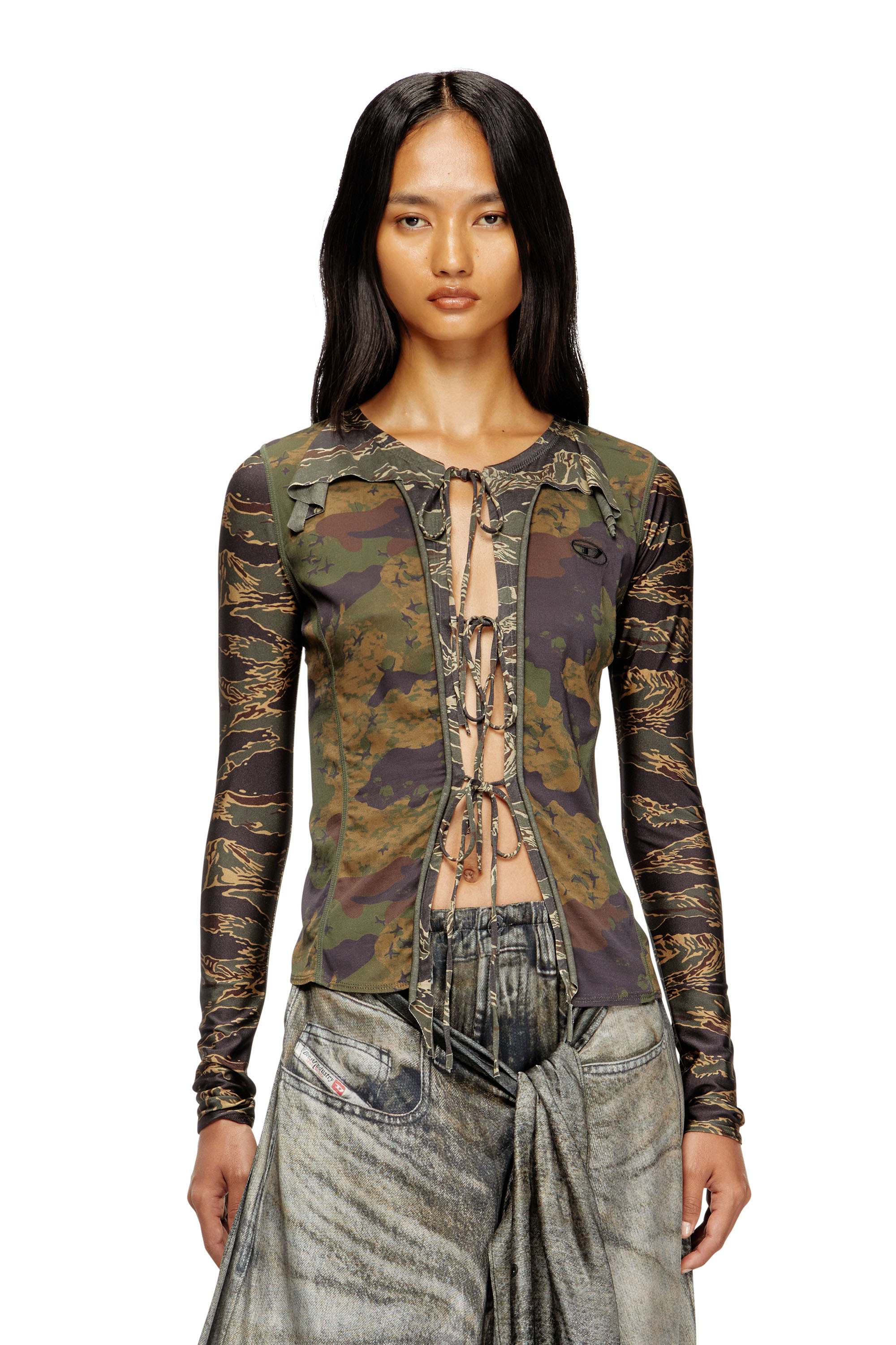 Diesel - T-AFRY, Damen Cardi­gan zum Binden mit gemischten Camo-Prints in Armeegrün - 1