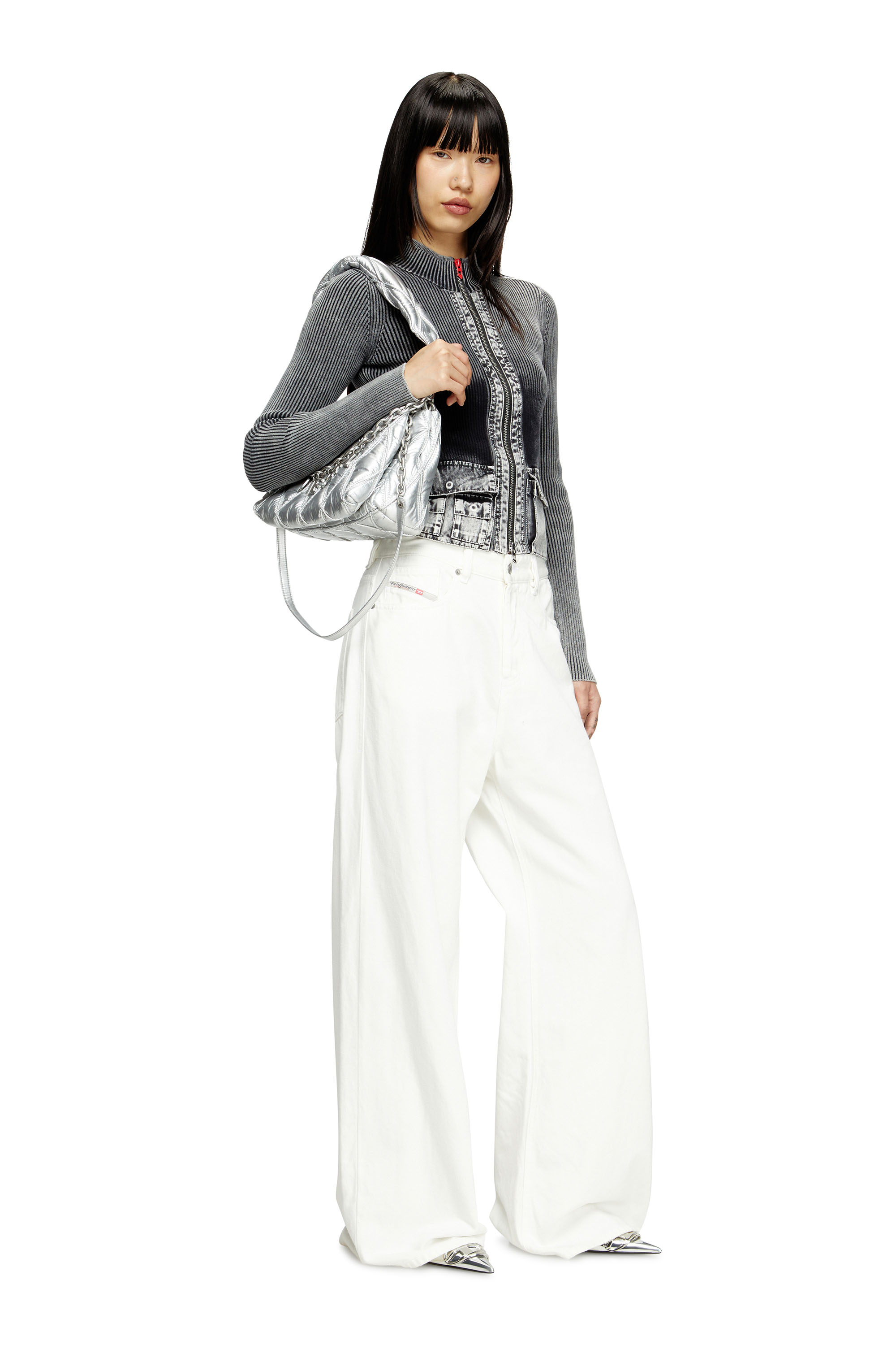 Diesel - CHARM-D SHOULDER M, Damen Charm-D M-Schultertasche aus gestepptem Metallic-Nylon in Silber - 1