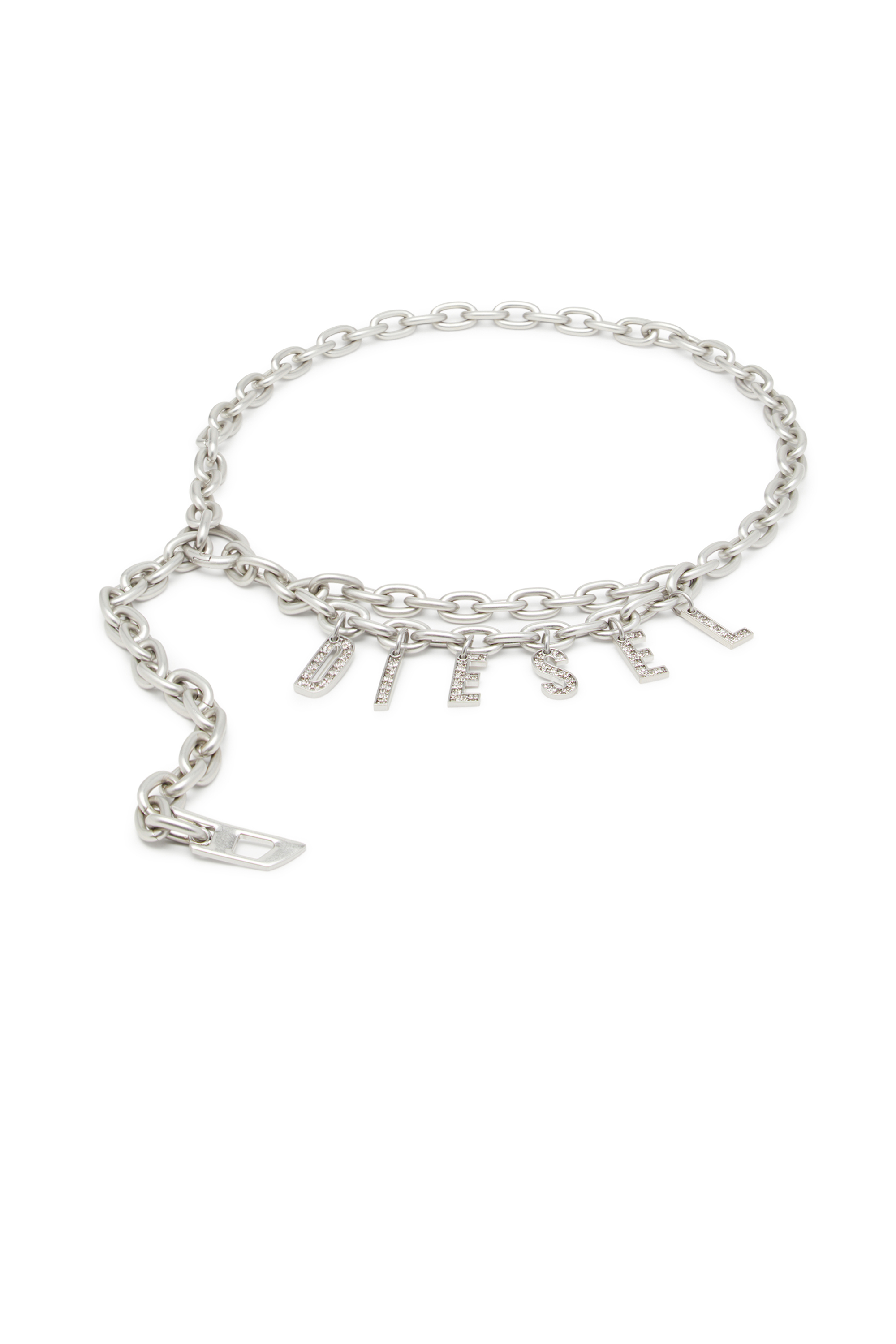 Diesel - B-CHARM CHAIN, Damen 1cm Kettengürtel mit Logo-Anhänger aus Strass in Silber - 1