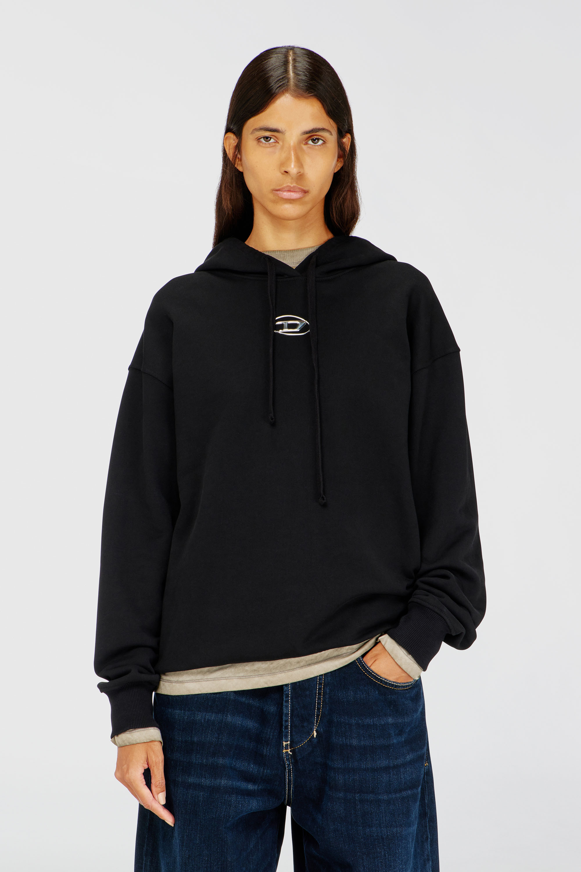 Diesel - F-BUXT-HOOD-OD, Damen Kapuzenpullover mit Oval D-Logo mit Metall-Effekt in Schwarz - 1