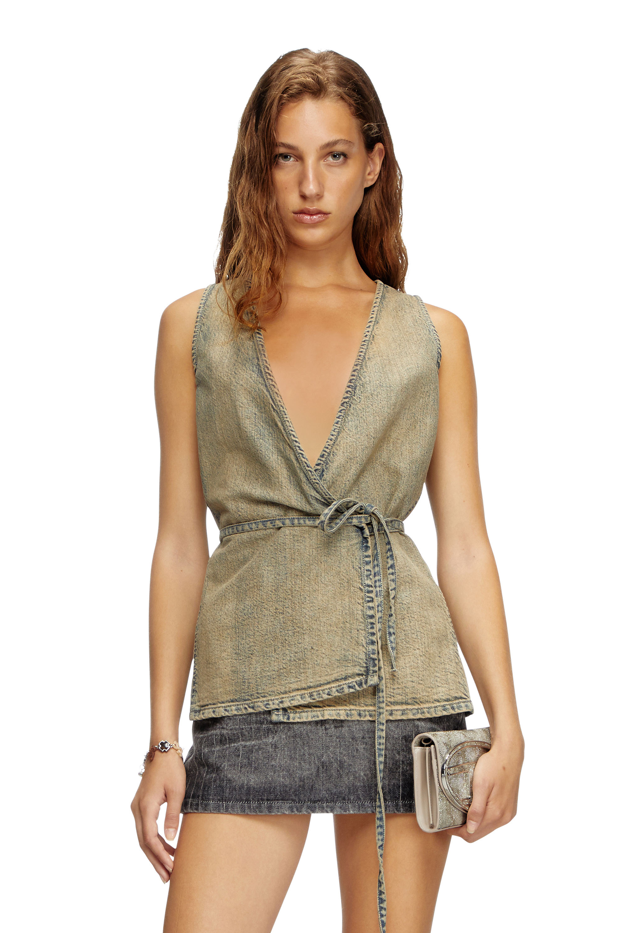 Diesel - DE-VERN, Damen Wickeltop aus Goldbrush-Denim in Mittelblau - 3