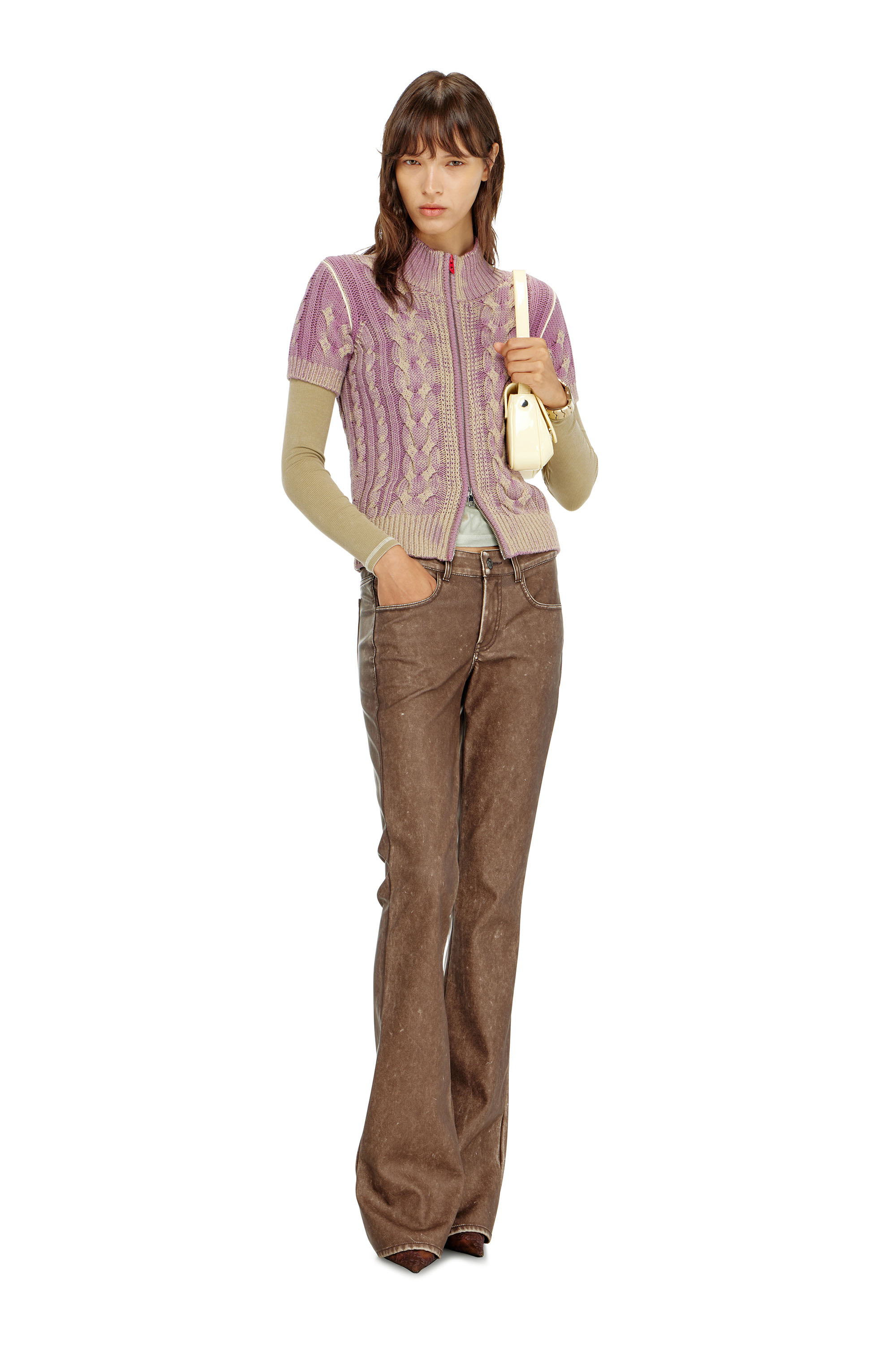 Diesel - M-ELANA, Damen Kurzarm-zip-cardigan im Zopfmuster in Beige/Violett - 1