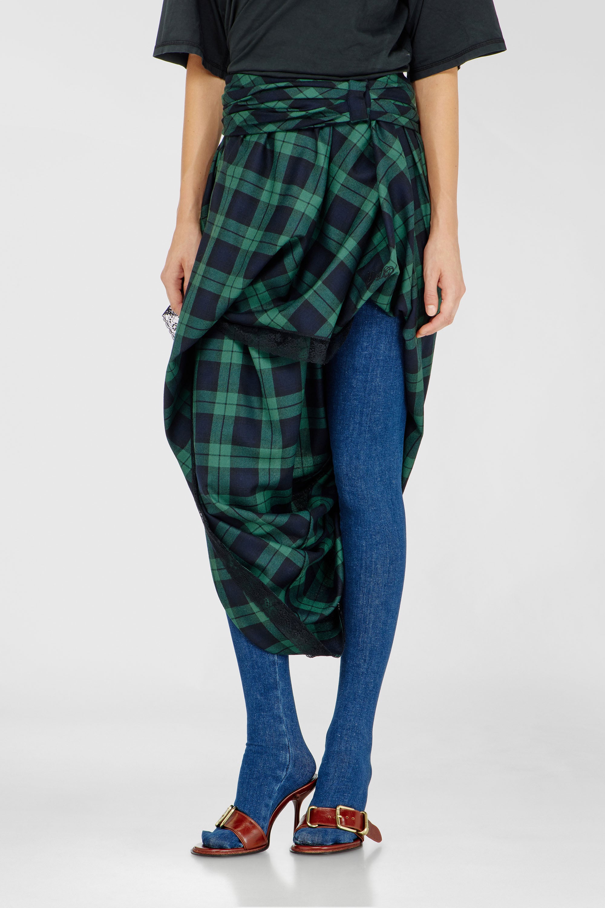 Diesel - O-WINNY, Damen Midilanger Rock im Tartan-Look mit Spitzenbesatz in Gr&uuml;n/Blau - 1