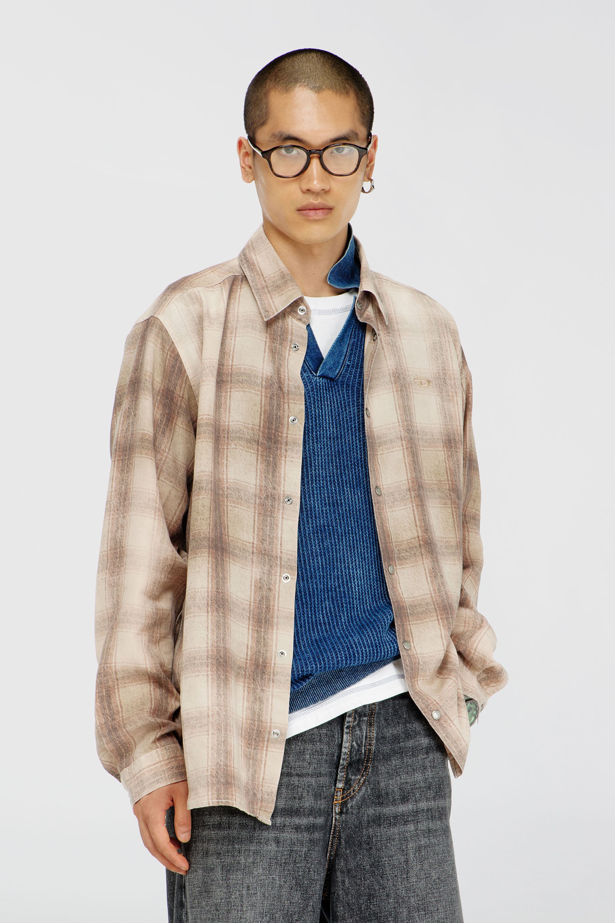 Diesel - S-SIMPLY-JMCM, Man's Check shirt in fluid fabric in Light Brown - 2