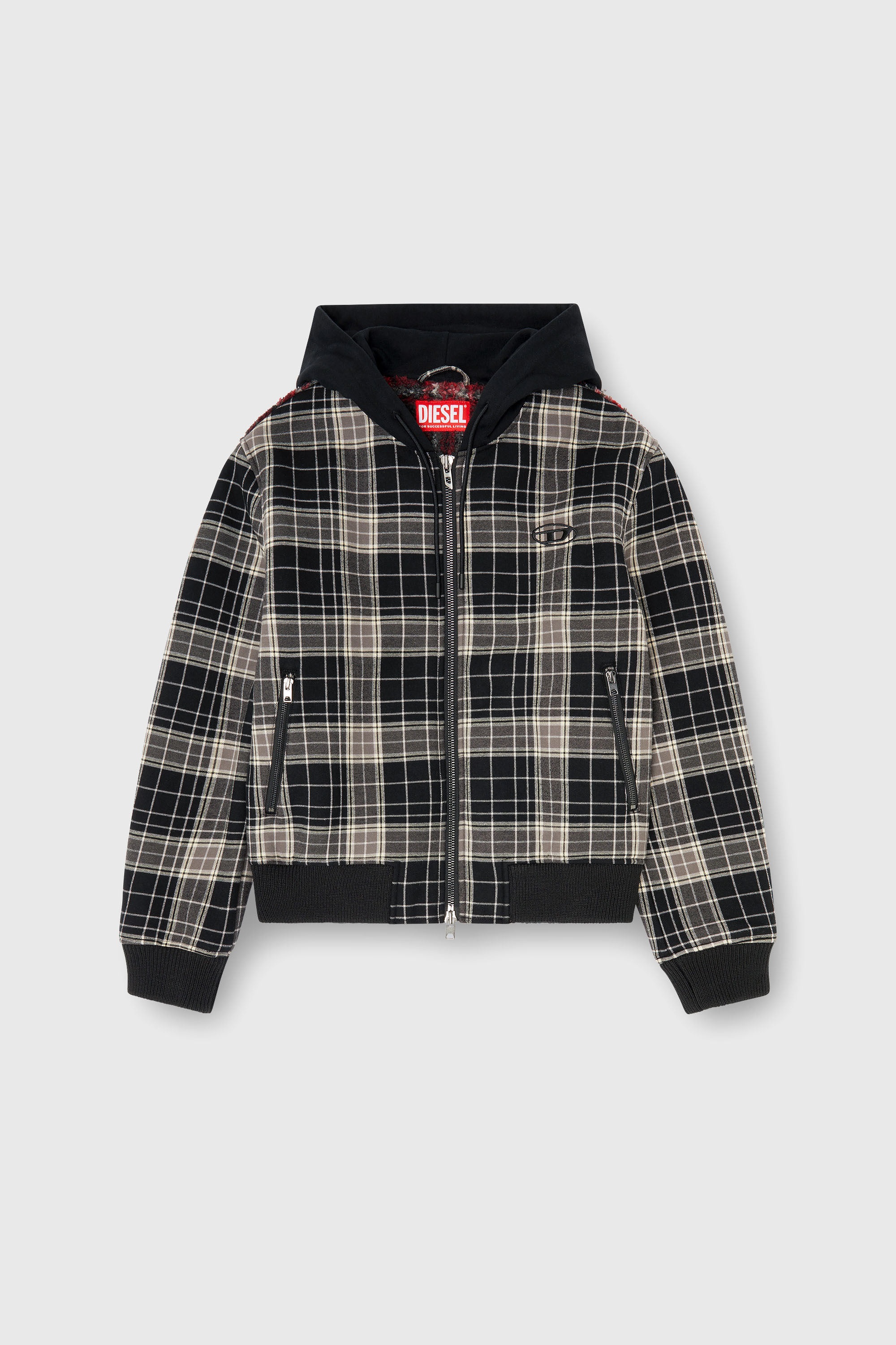 Diesel - W-KUNST, Man's Check-flannel bomber jacket with teddy interior in Grey/Black - 2