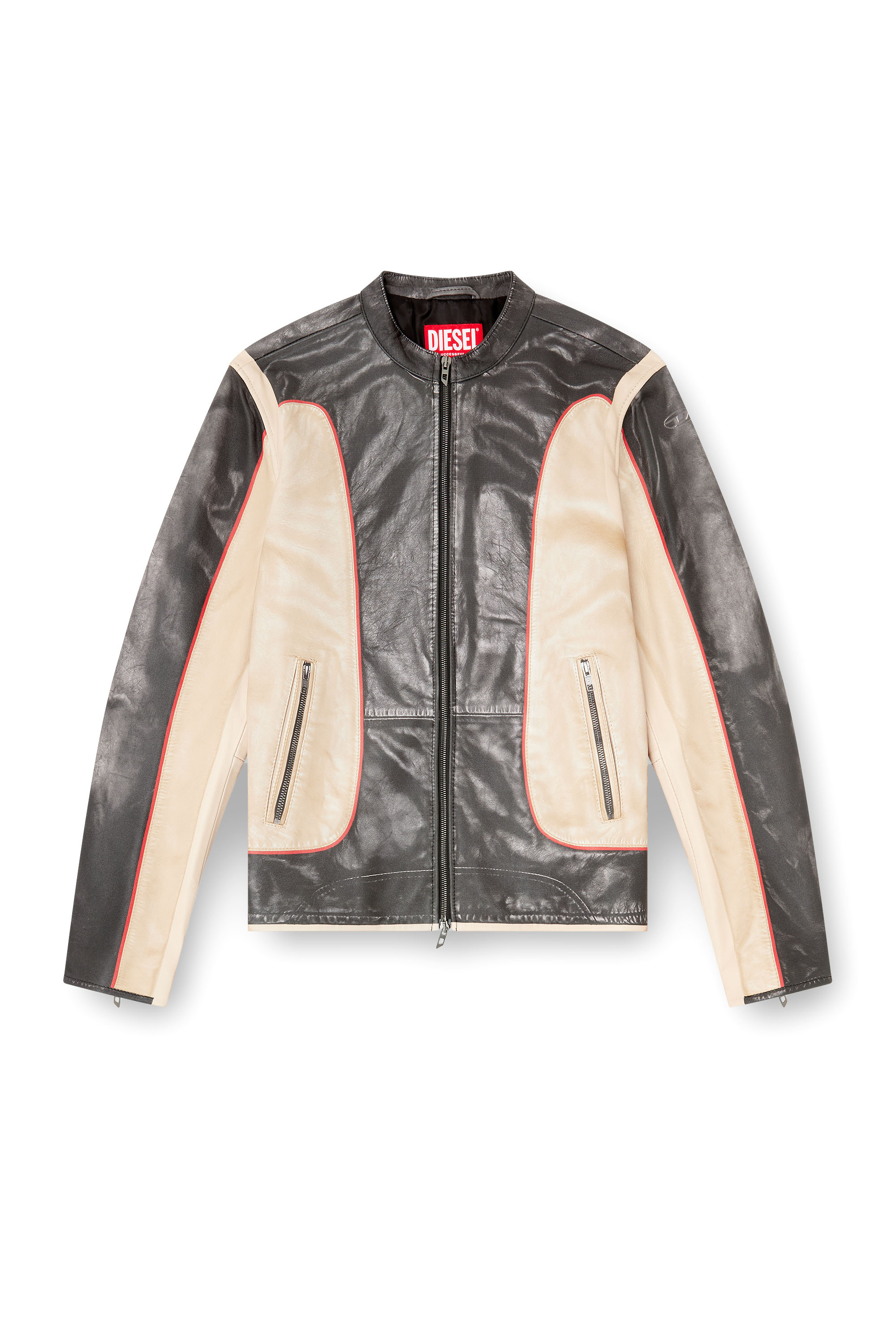 Diesel - L-EVERT, Herren Bikerjacke aus Leder in Trompe l'œil-Optik in Beige/Schwarz - 3