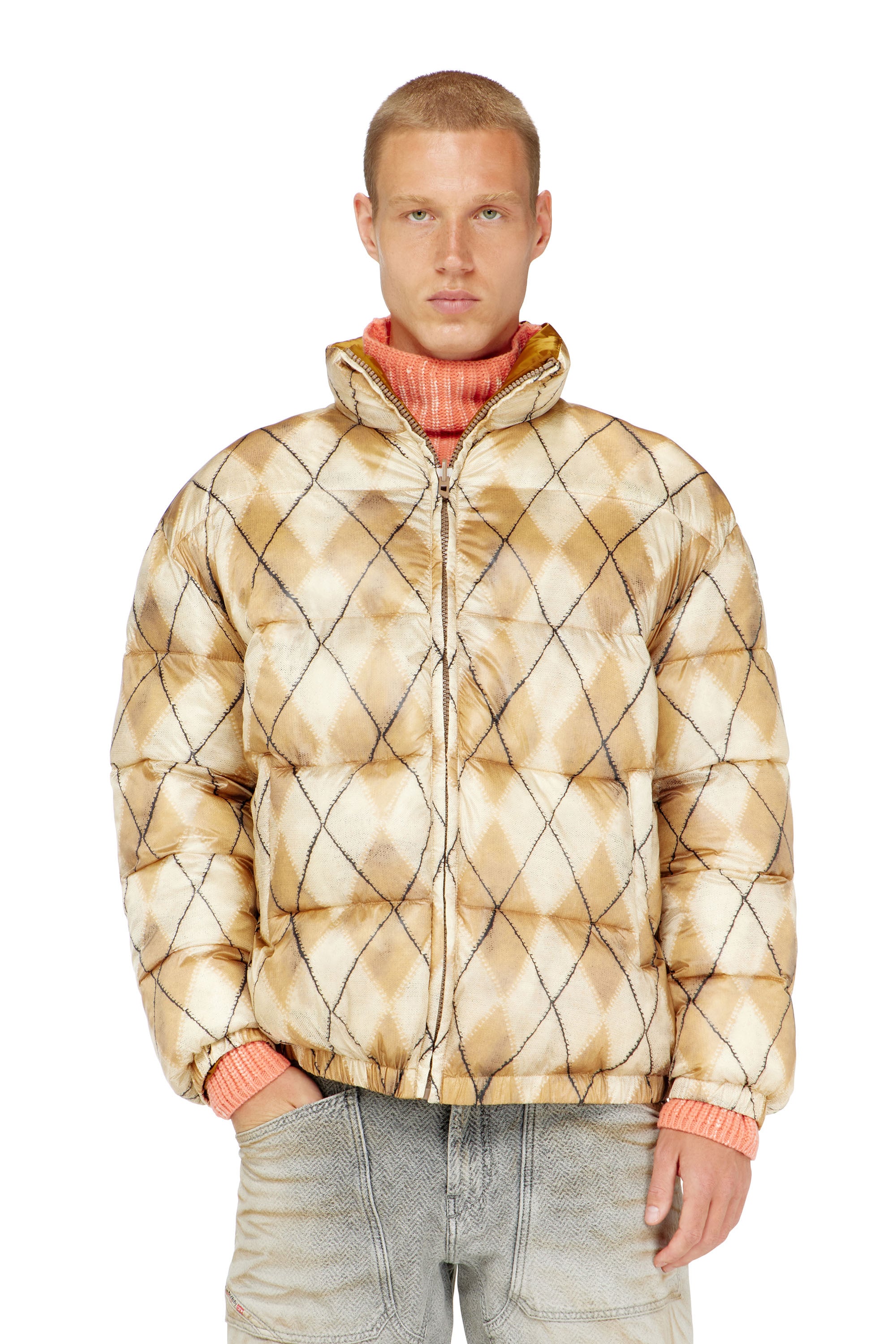 Diesel - W-BOURB-DLCK, Herren Wendbare Steppjacke mit argyle-print in Beige - 1