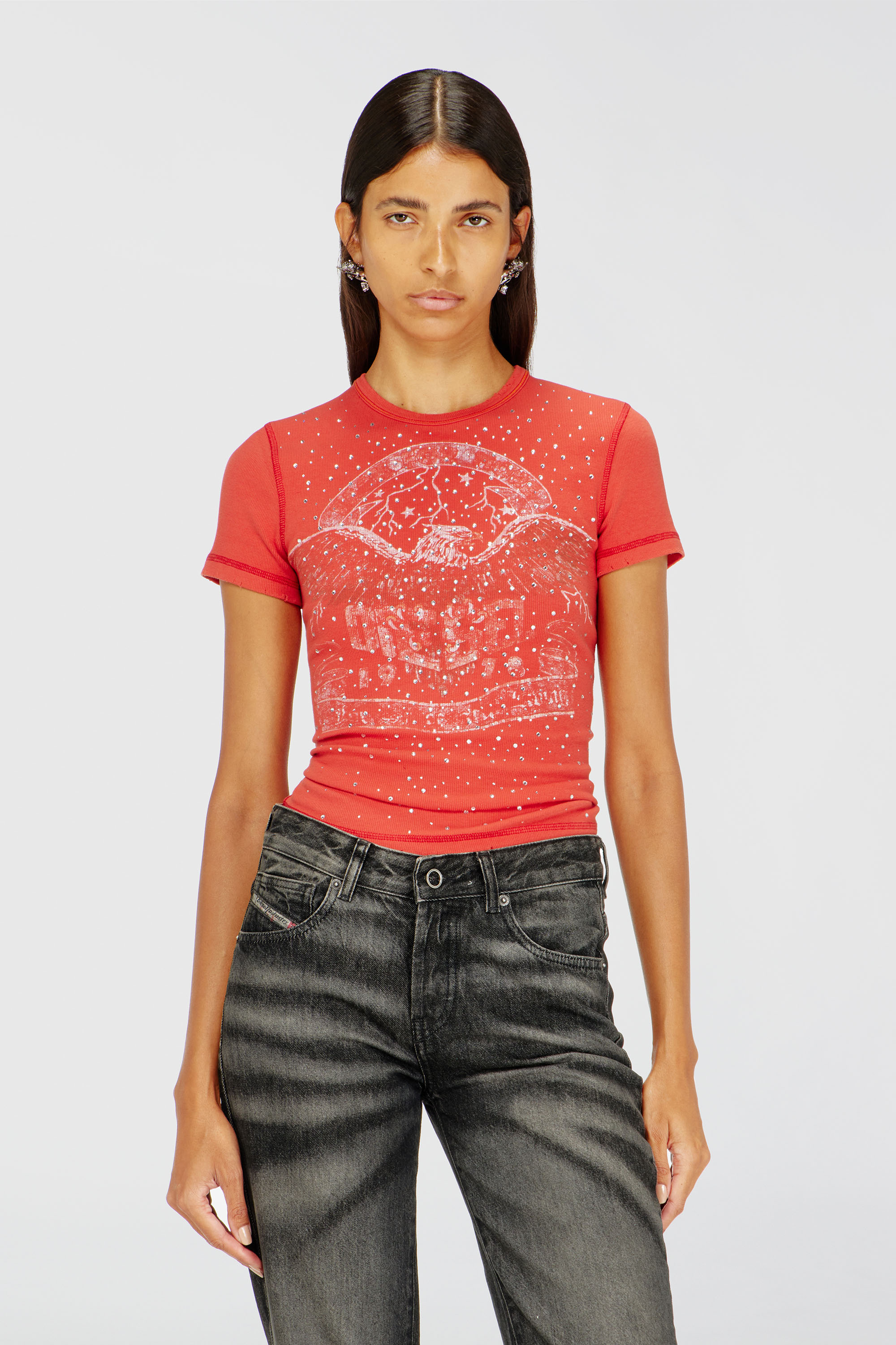 Diesel - T-MARSY-RIB-CRY, Damen T-Shirt mit Konzertgrafik und Kristallen in null - 3