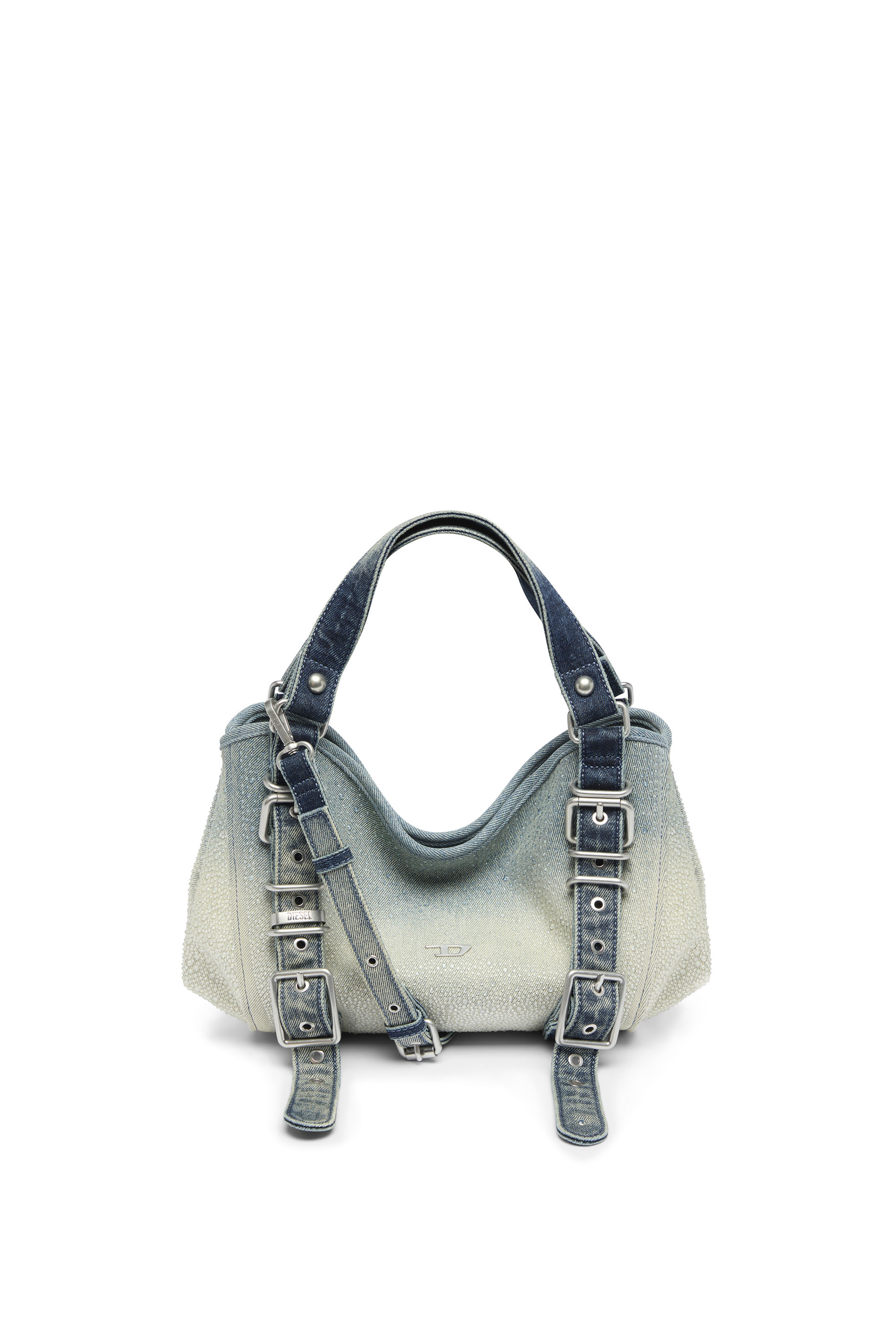 Diesel - D-ONE TOPHANDLE S, Damen D-One-Small Henkeltasche aus solarisiertem Denim mit Kristallen in Blau - 1