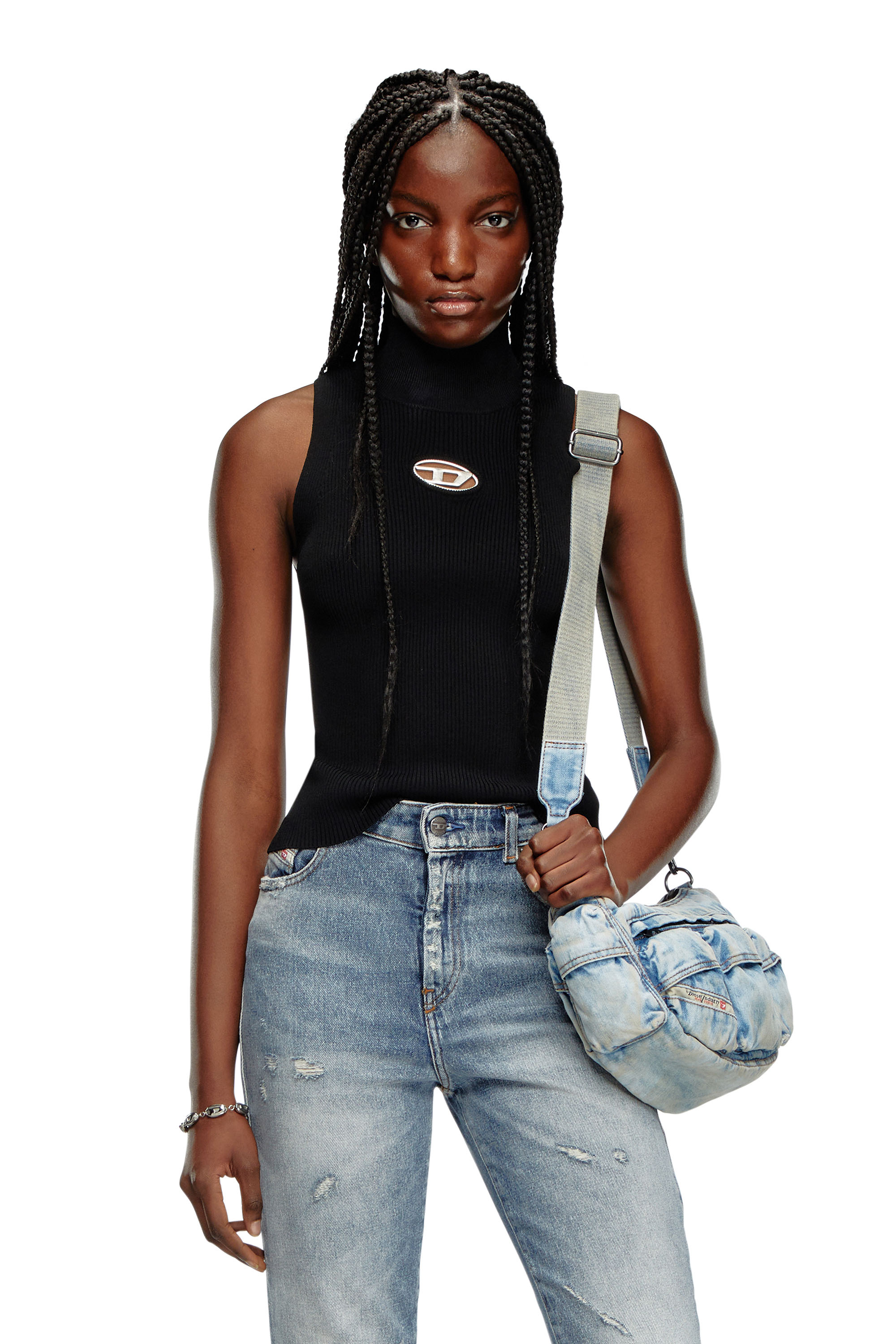 Diesel - M-ONERVAX-TOP, Damen Rollkragen-Top aus Rippstrick in Schwarz/Grau - 3