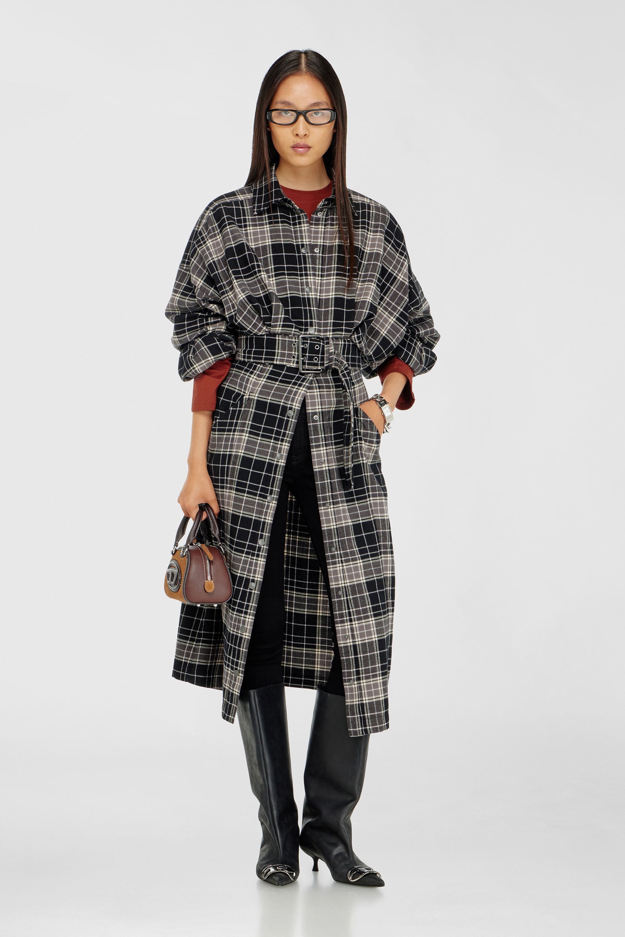 Diesel - D-EDALUS, Damen Midikleid aus kariertem Flanell mit breitem G&uuml;rtel in Grau/Schwarz - 2