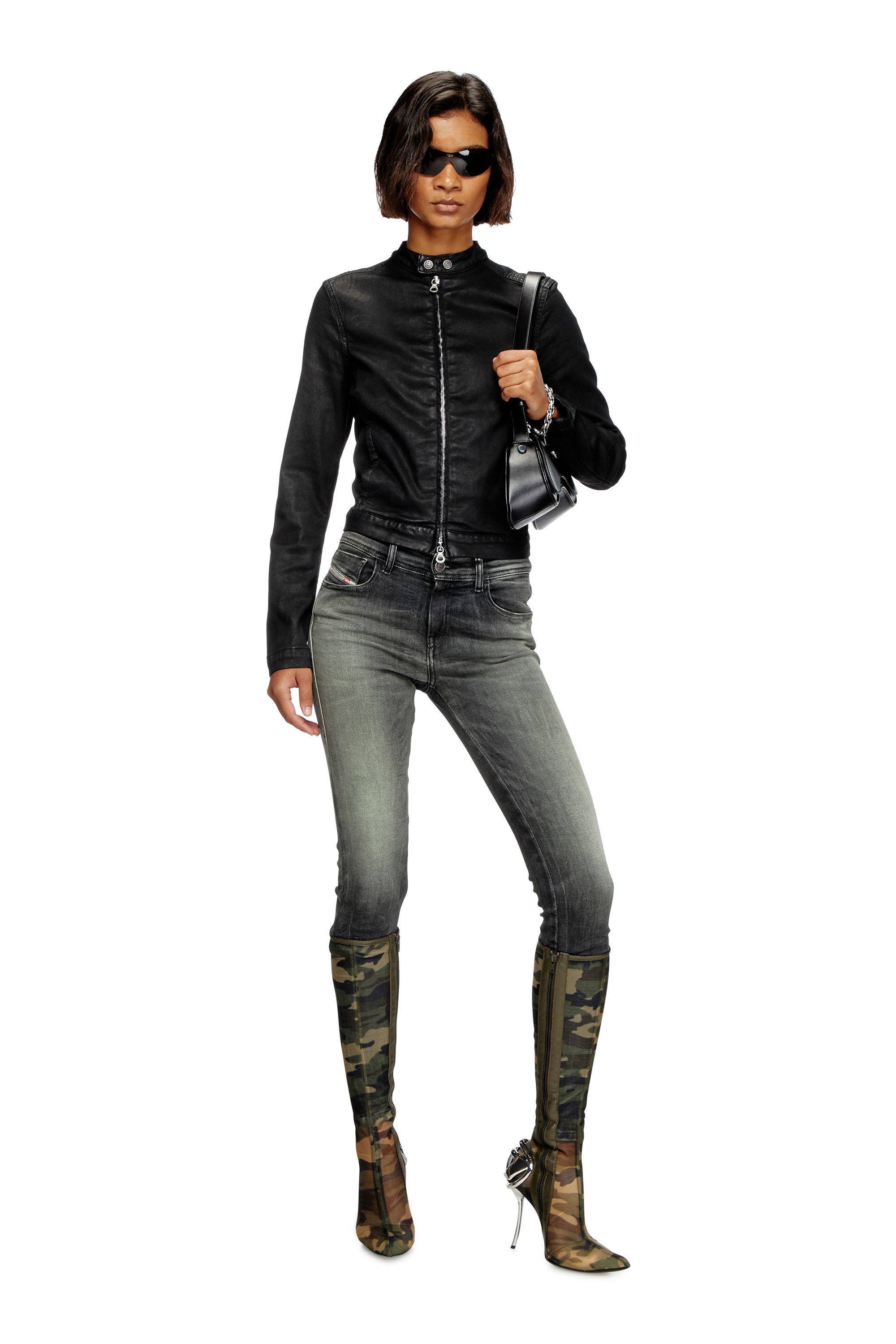 Diesel - DE-MORNIN JOGG, Damen Motorradjacke aus beschichtetem Denim in Schwarz - 2