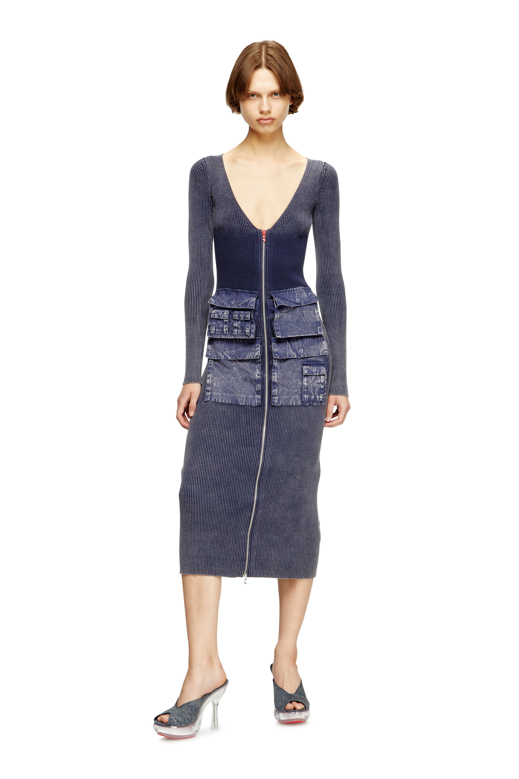 Diesel - M-MELTI-LS, Damen Geripptes Midikleid mit Denim-Behandlung in null - 2