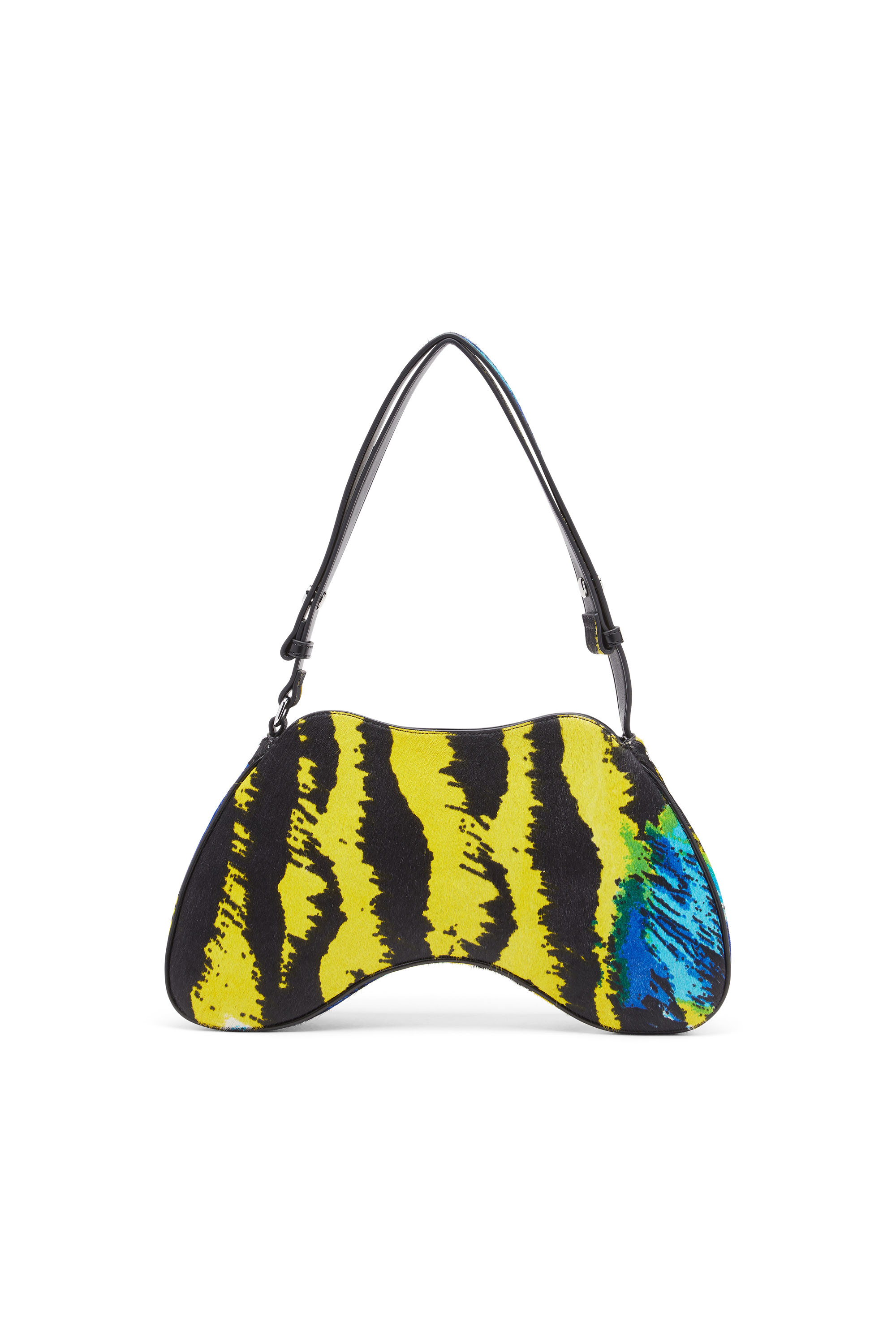 Diesel - PLAY SHOULDER, Damen Play-Schultertasche aus Kalbshaar mit Tiger-Print in Gelb/Blau - 2