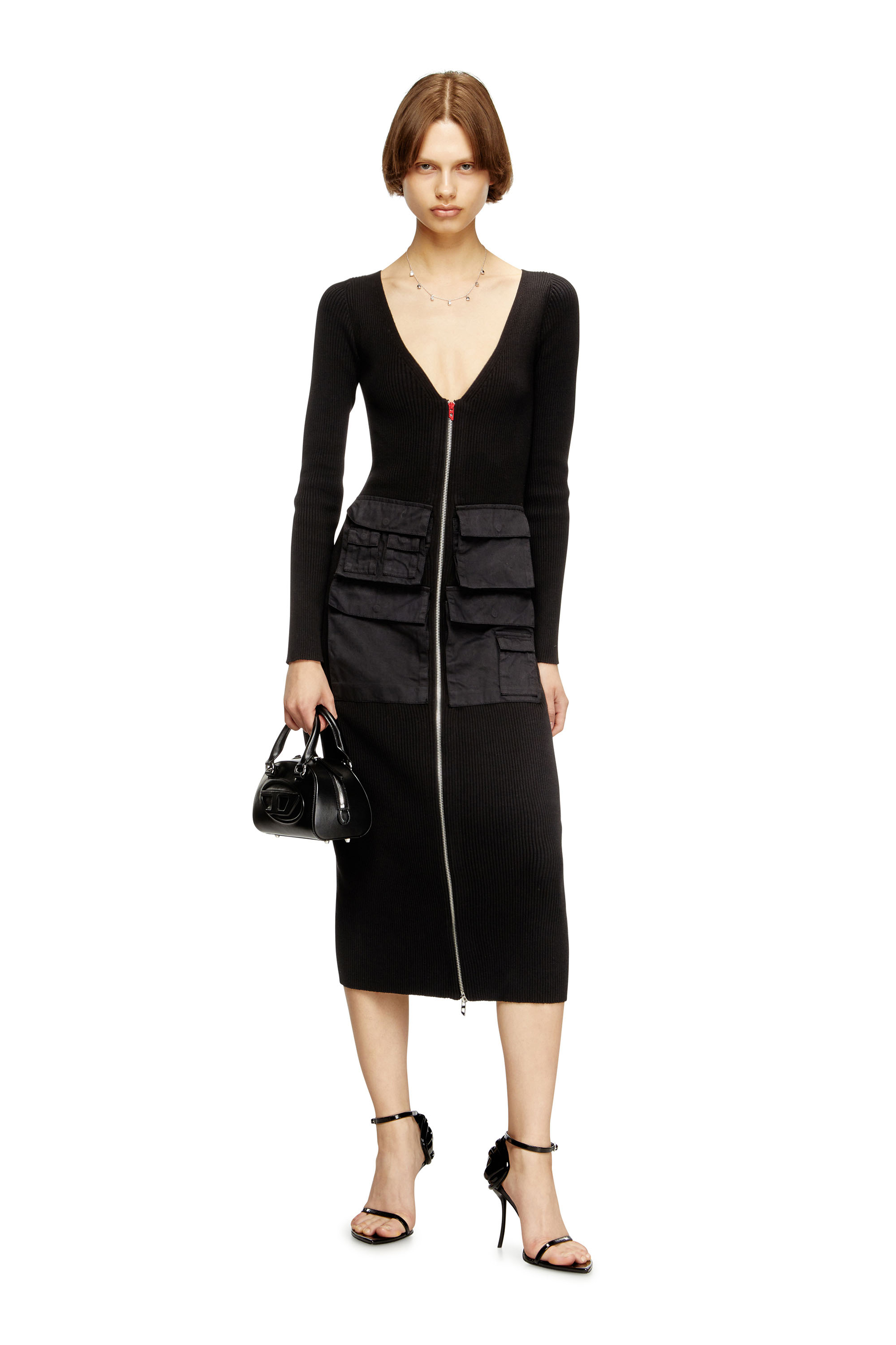 Diesel - M-MELTI-LS, Damen Geripptes Midikleid mit Cargotaschen in null - 1