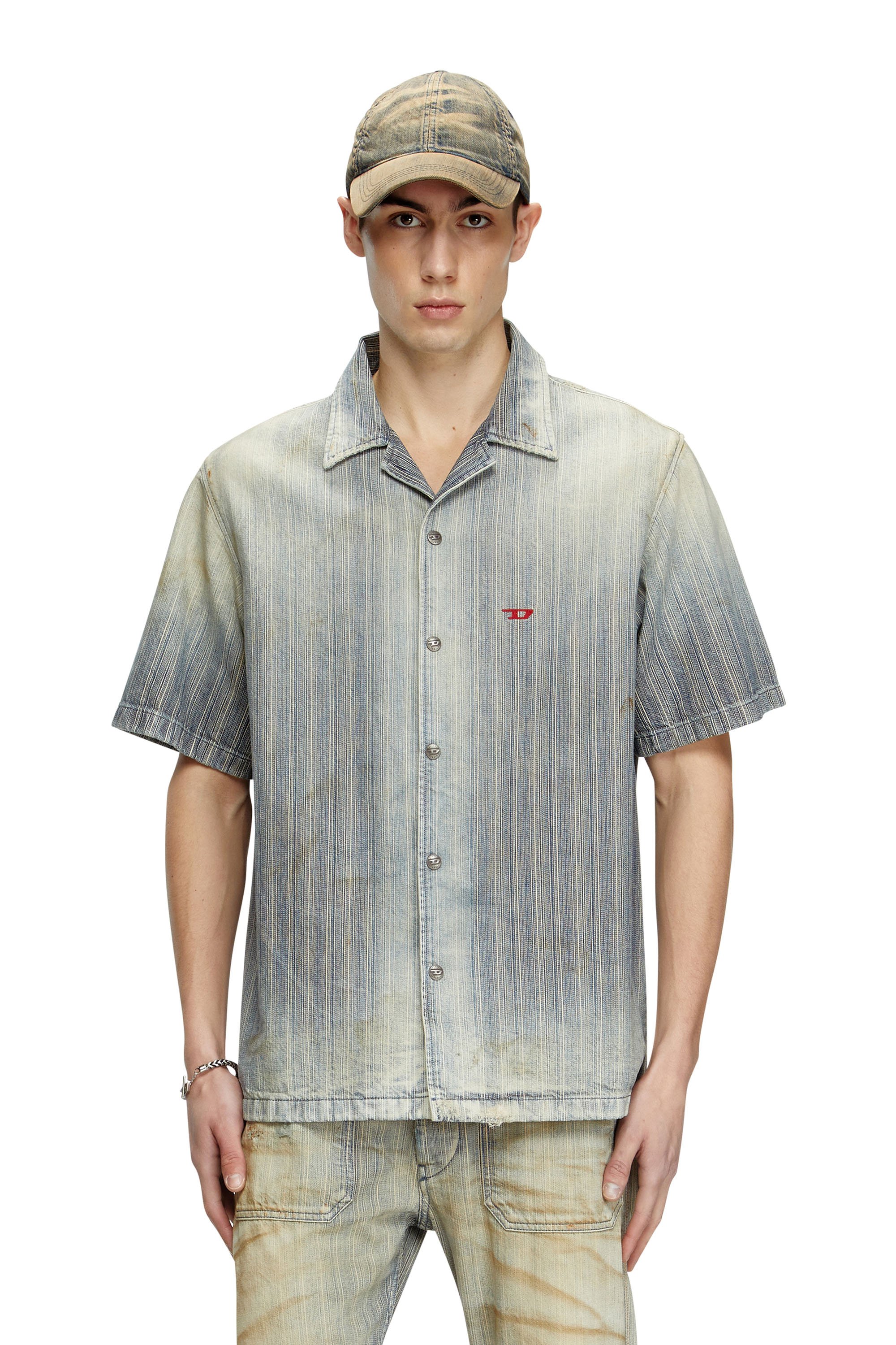 Diesel - D-NABIL-D, Man's Bowling shirt in striped indigo denim in Medium blue - 1