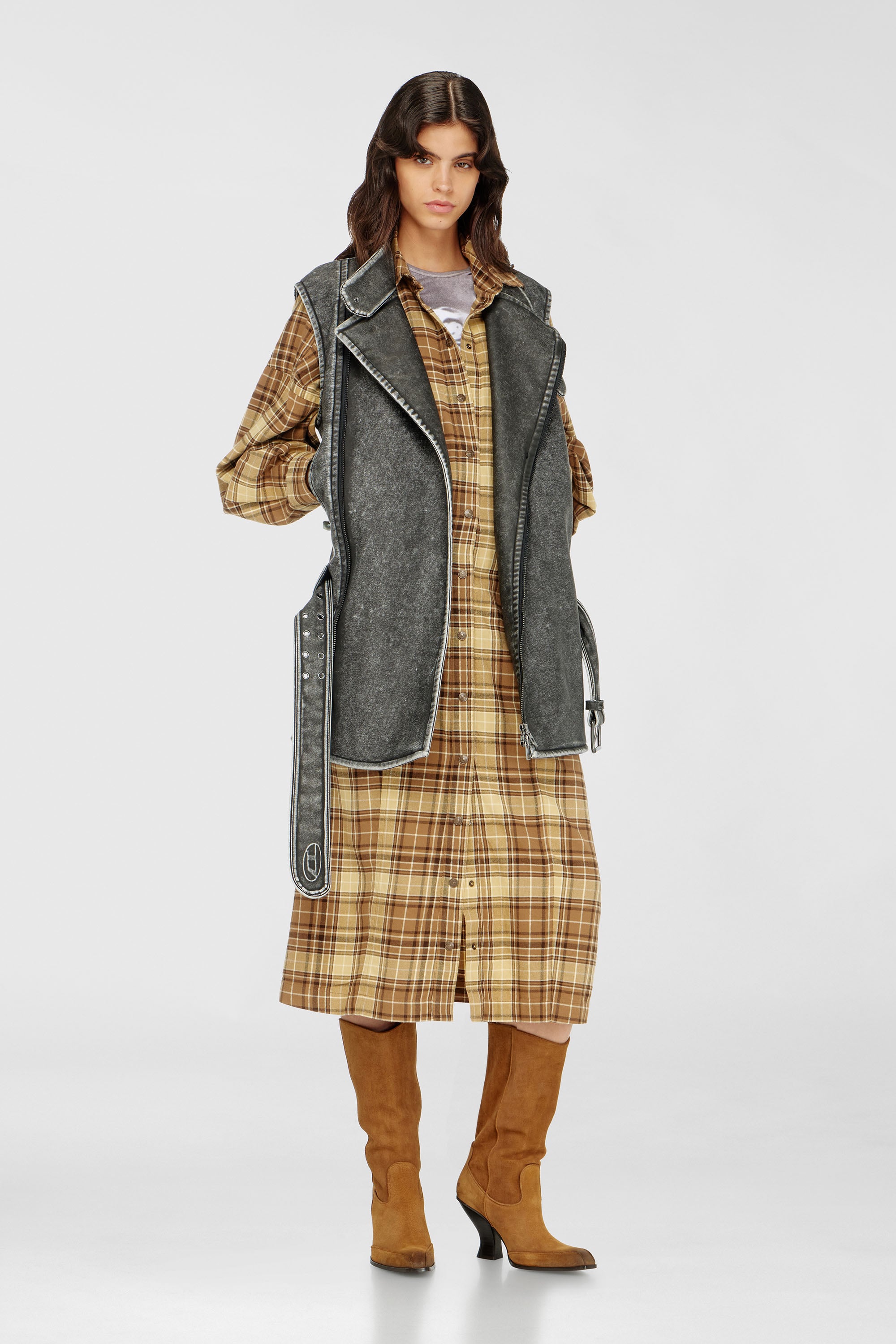 Diesel - D-EDALUS, Damen Midikleid aus kariertem Flanell mit breitem G&uuml;rtel in Braun/Gelb - 2