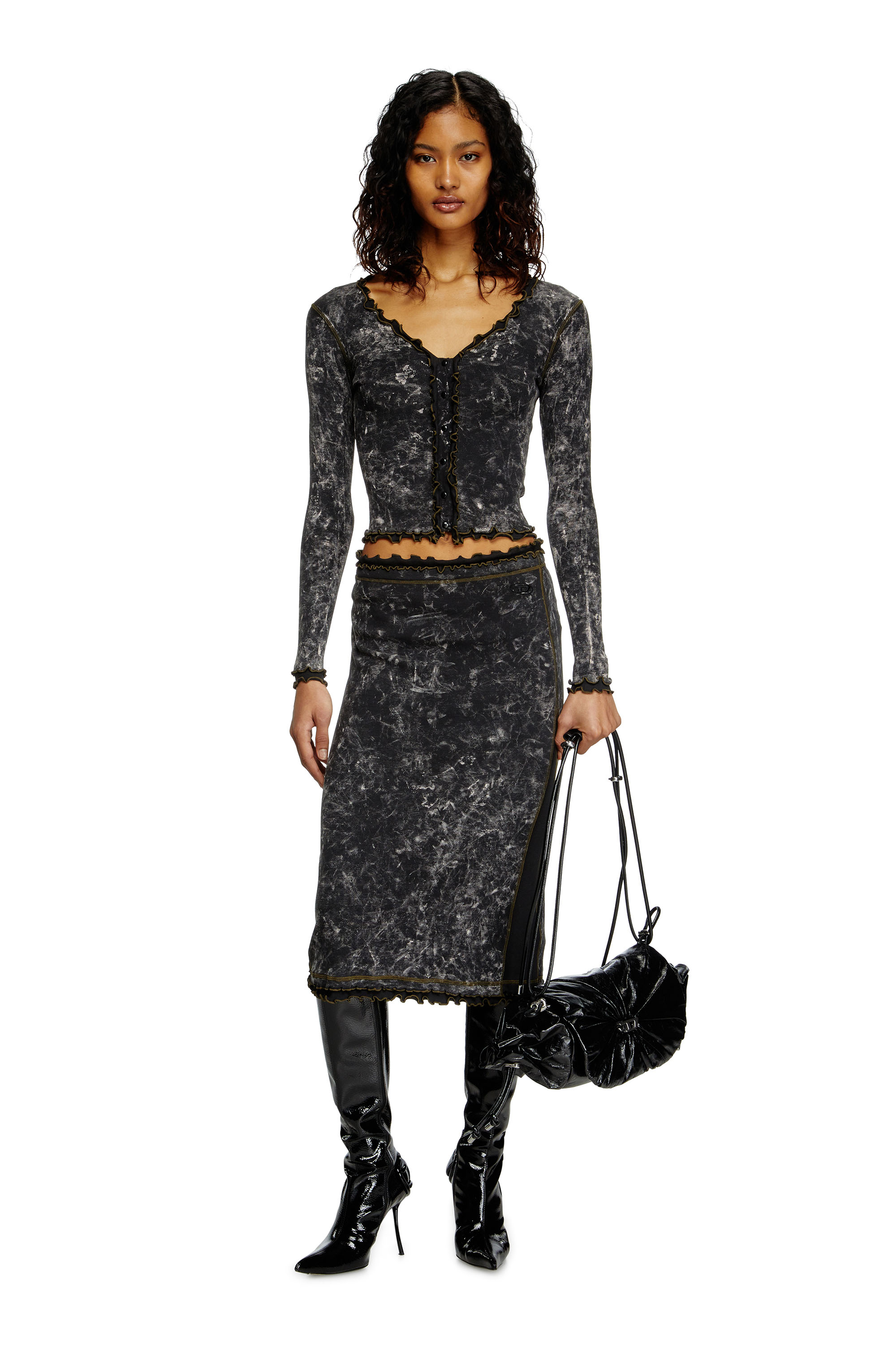 Diesel - T-FLUX, Damen Marmoriertes Rüschentop zum Knöpfen in Schwarz - 1