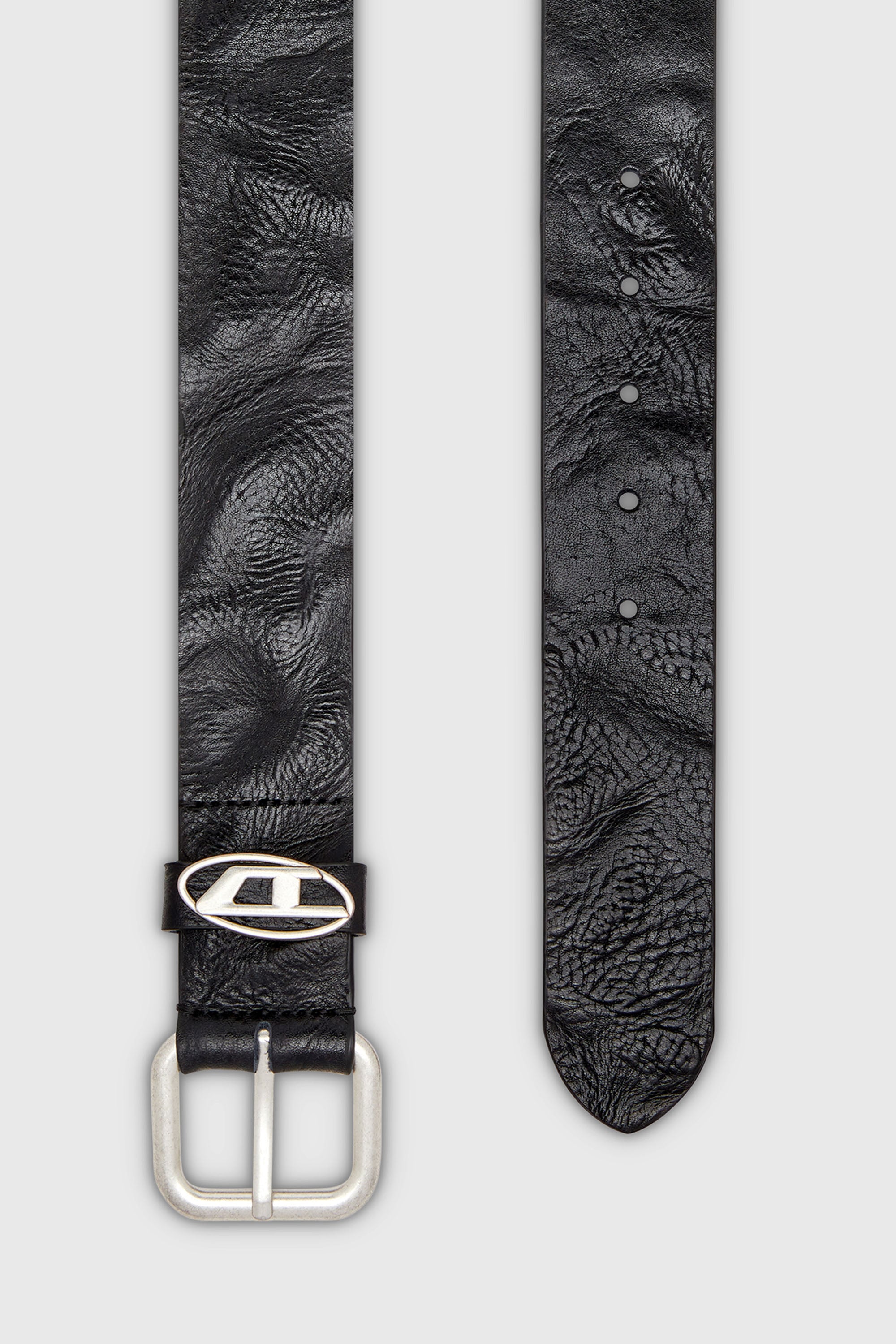 Diesel - B-1DR OVAL D LOOP, Unisex 3.9cm G&uuml;rtel aus Knitter-Leder mit Logo-Plakette in Schwarz - 2