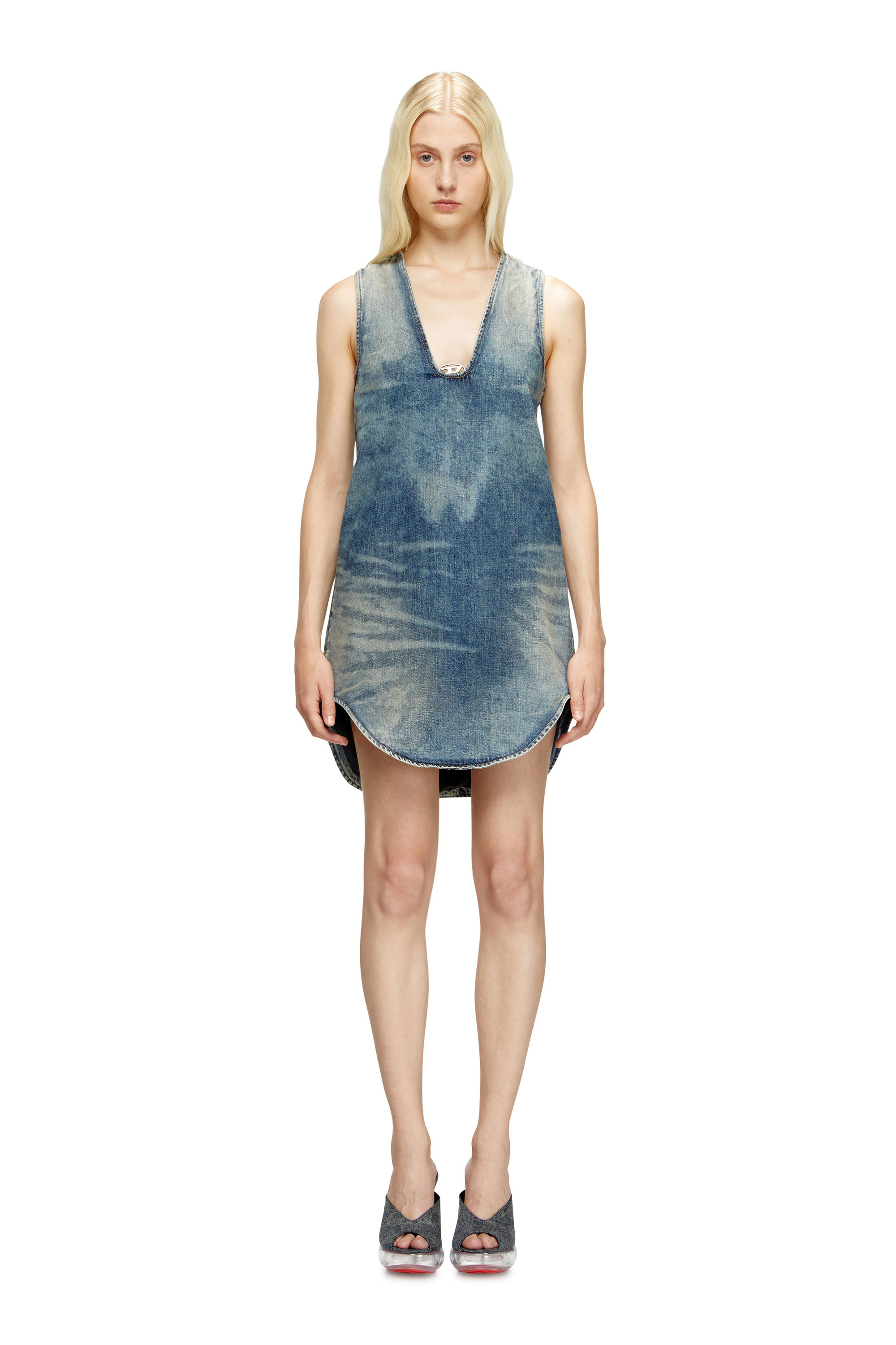 Diesel - DE-LARIS-DRESS-S, Damen Kurzes Kleid aus marmoriertem Denim in Mittelblau - 2