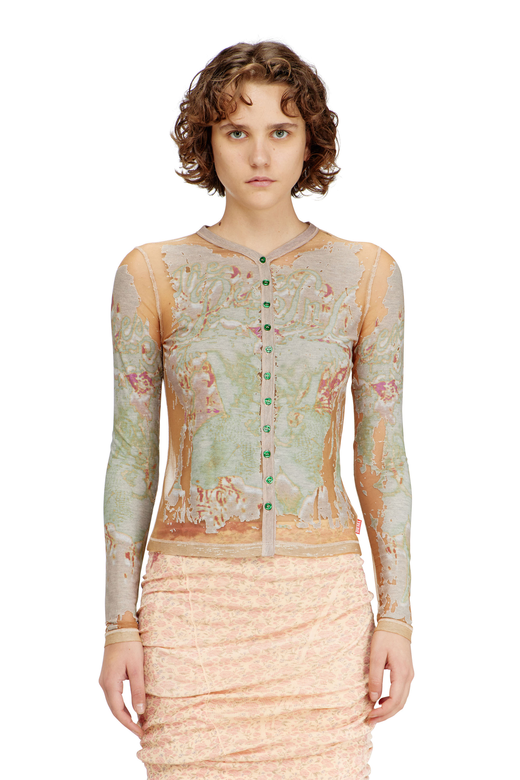 Diesel - T-GABRY, Damen Cardigan-Top aus bedrucktem D&eacute;vor&eacute;-Jersey in Hellbraun - 1