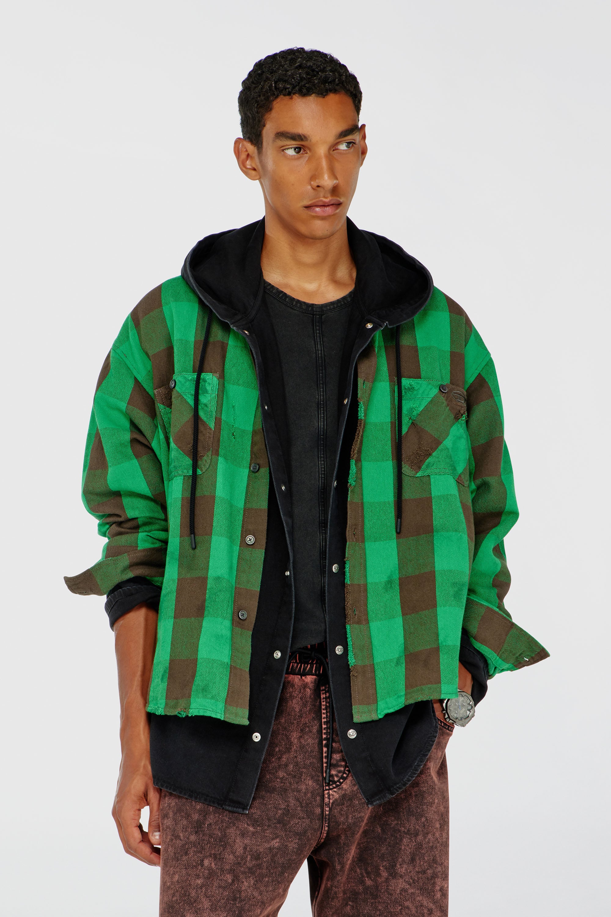Diesel - S-DRUM, Man's Check flannel shirt with distressed effect in Brown/Green - 1