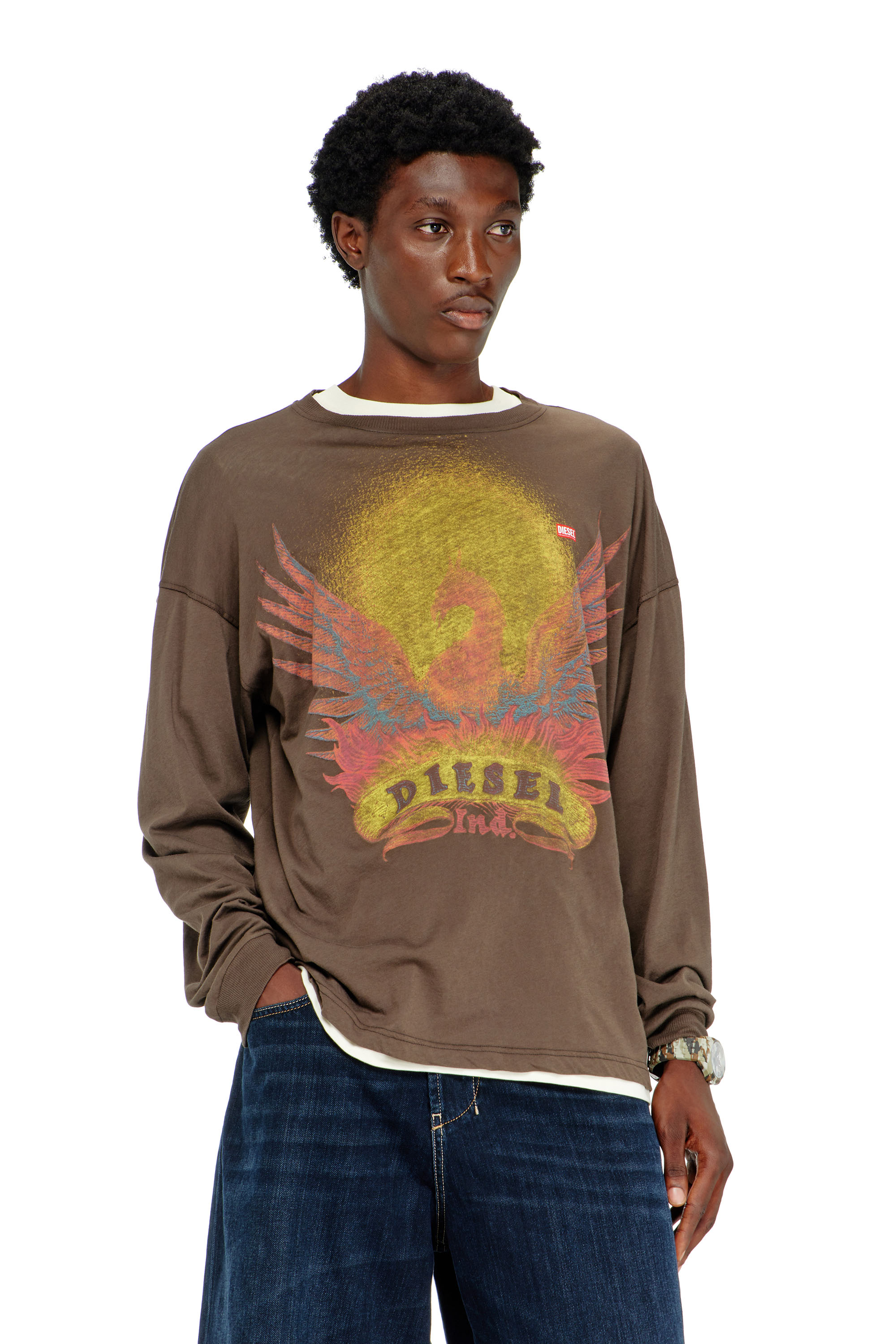 Diesel - T-BOXT-LS-AA1, Herren Langarm-T-Shirt mit Phoenix-Motiv in Braun - 1