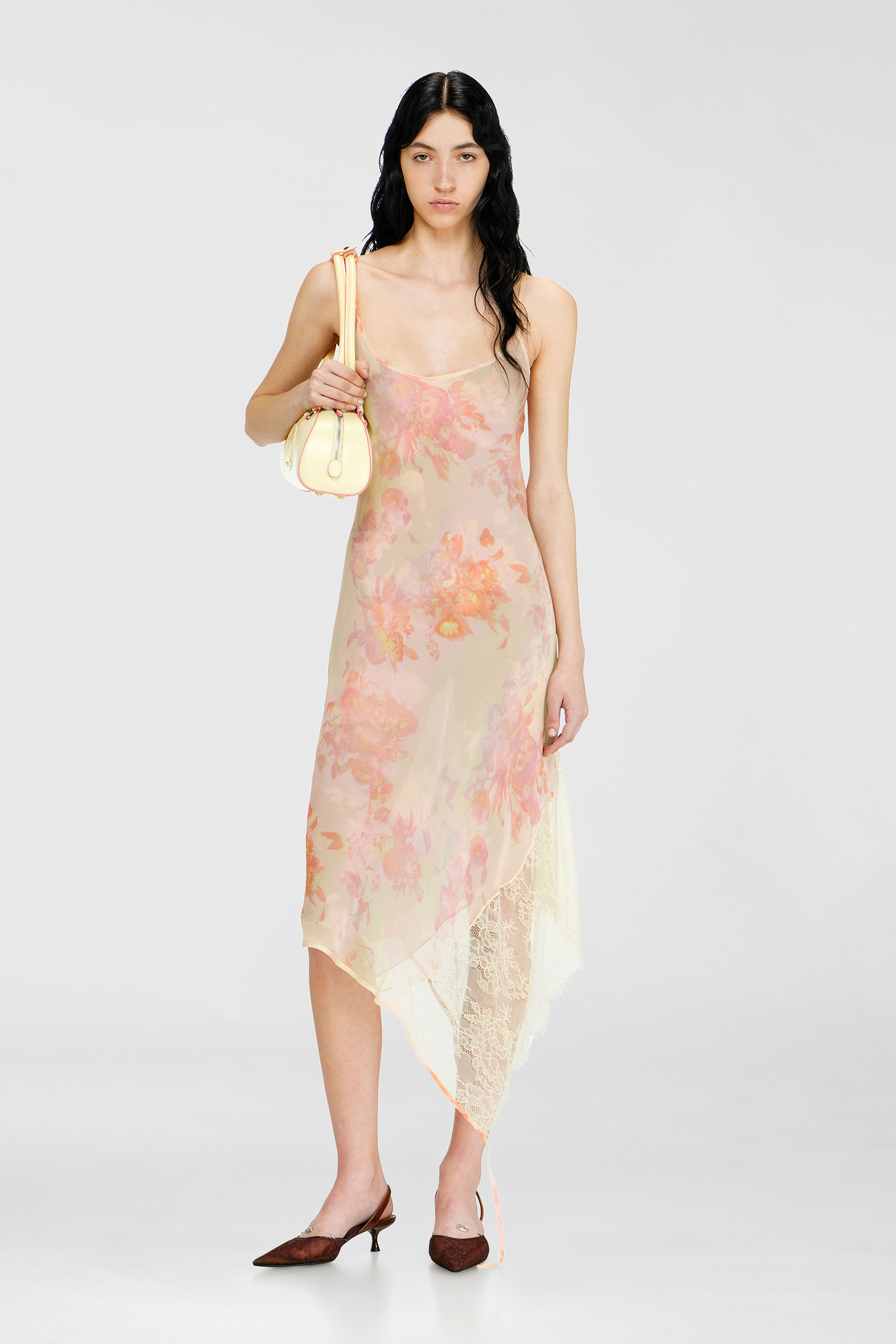 Diesel - D-ANCEL, Damen Midikleid aus Satin mit Blumenmuster und Spitzenbesatz in Rosa/Gelb - 2
