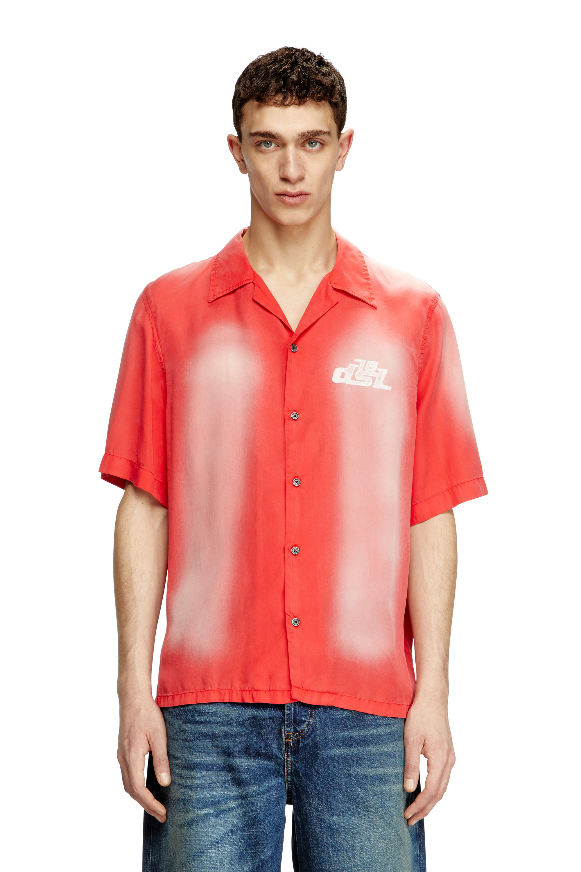 Diesel - S-ELLY, Herren Verblasstes Bowling-Hemd mit Logo-Prints in Rot - 1