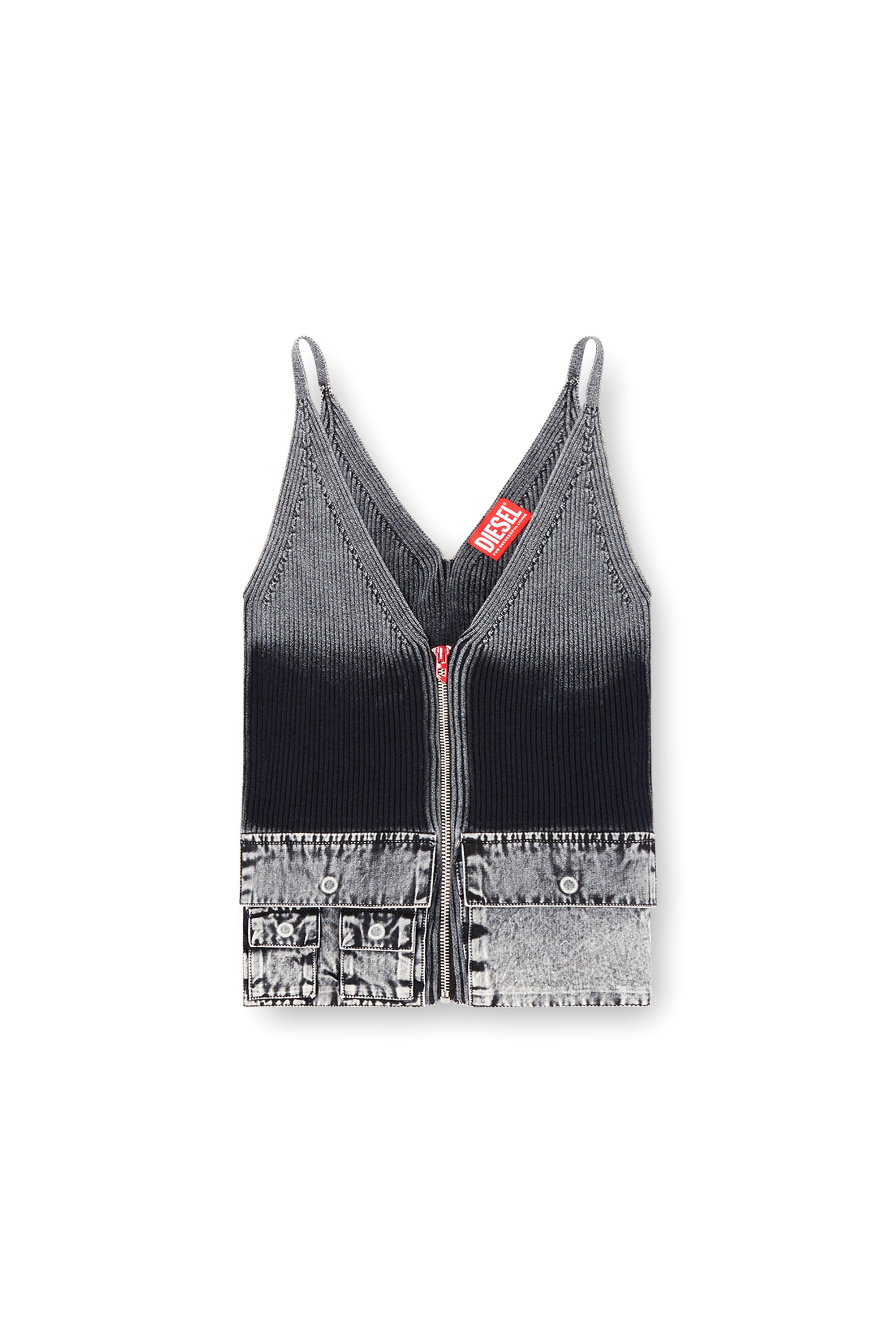 Diesel - M-MELLY, Damen Tanktop aus Strick mit Cargotaschen aus Denim in Dunkelgrau - 2