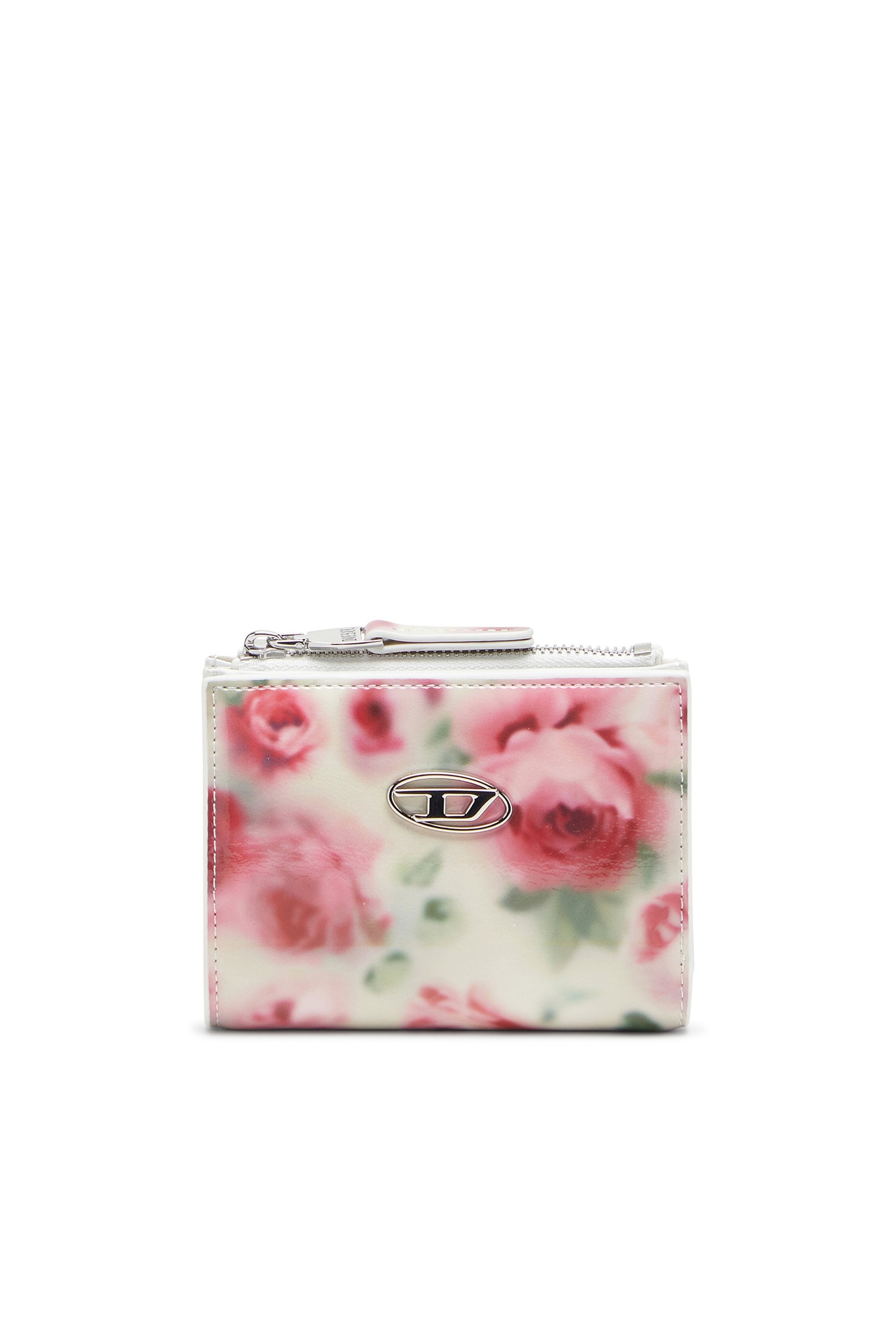 Diesel - PLAY BI-FOLD ZIP II, Damen Kleines Portemonnaie aus bedrucktem glänzendem PU in Weiss/Rosa - 1