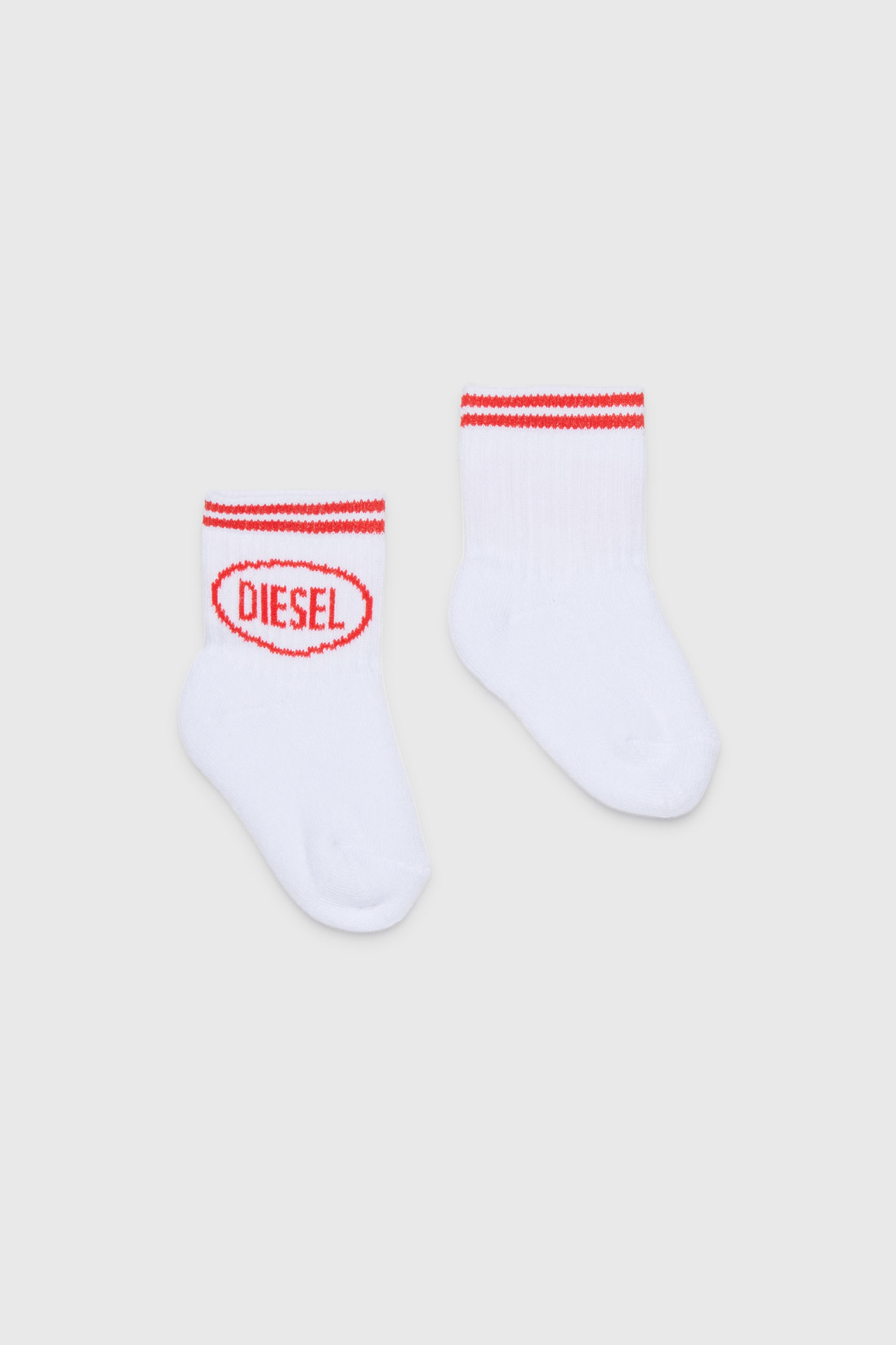 Diesel - ZOLPYB, Unisex Baumwollsocken mit gestreiften B&uuml;ndchen in Weiss/Rot - 1