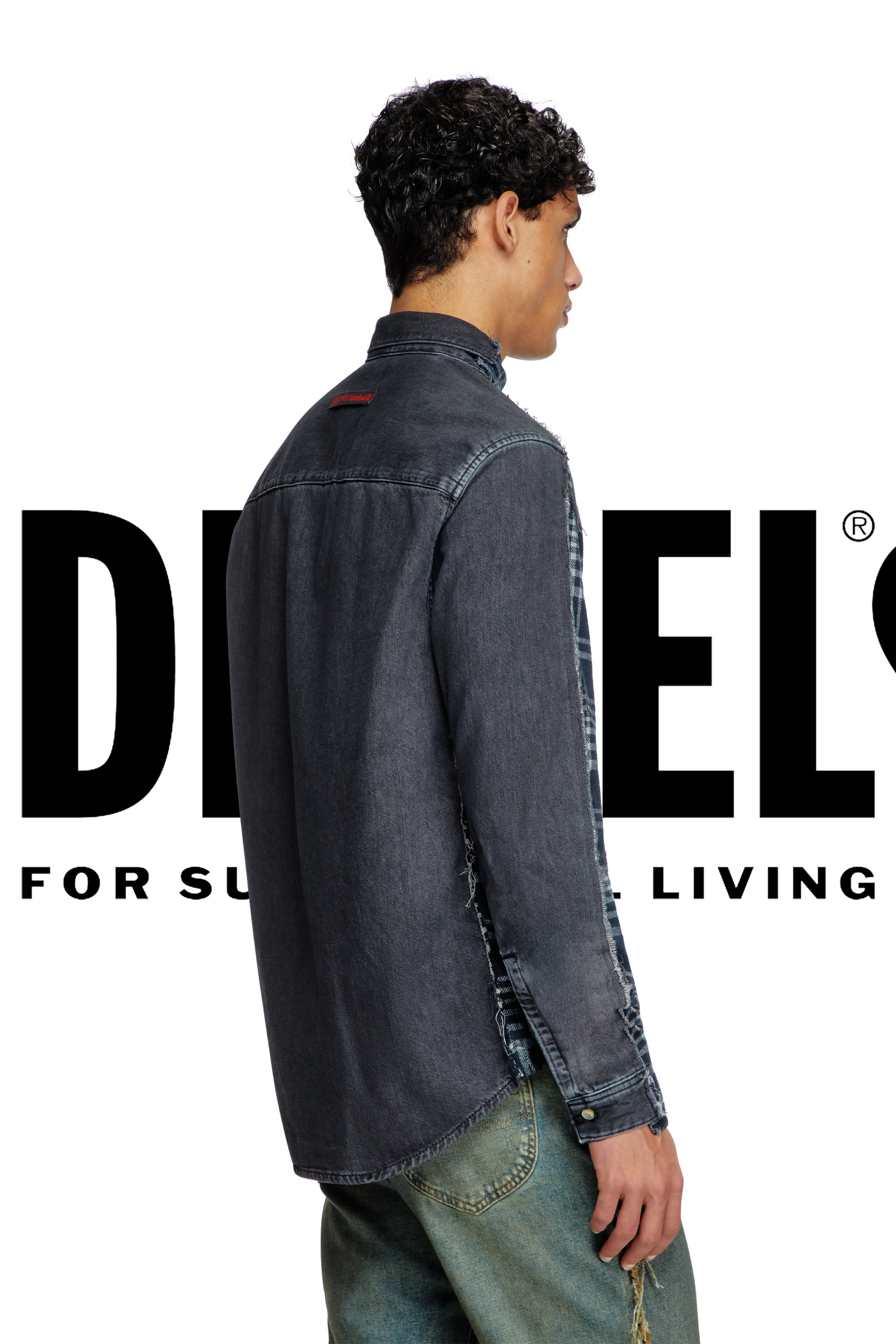 Diesel - Shirt Dieseloves 6B, Unisex Überfärbtes Karo- und Denim-Hemd in Blau/Schwarz - 4