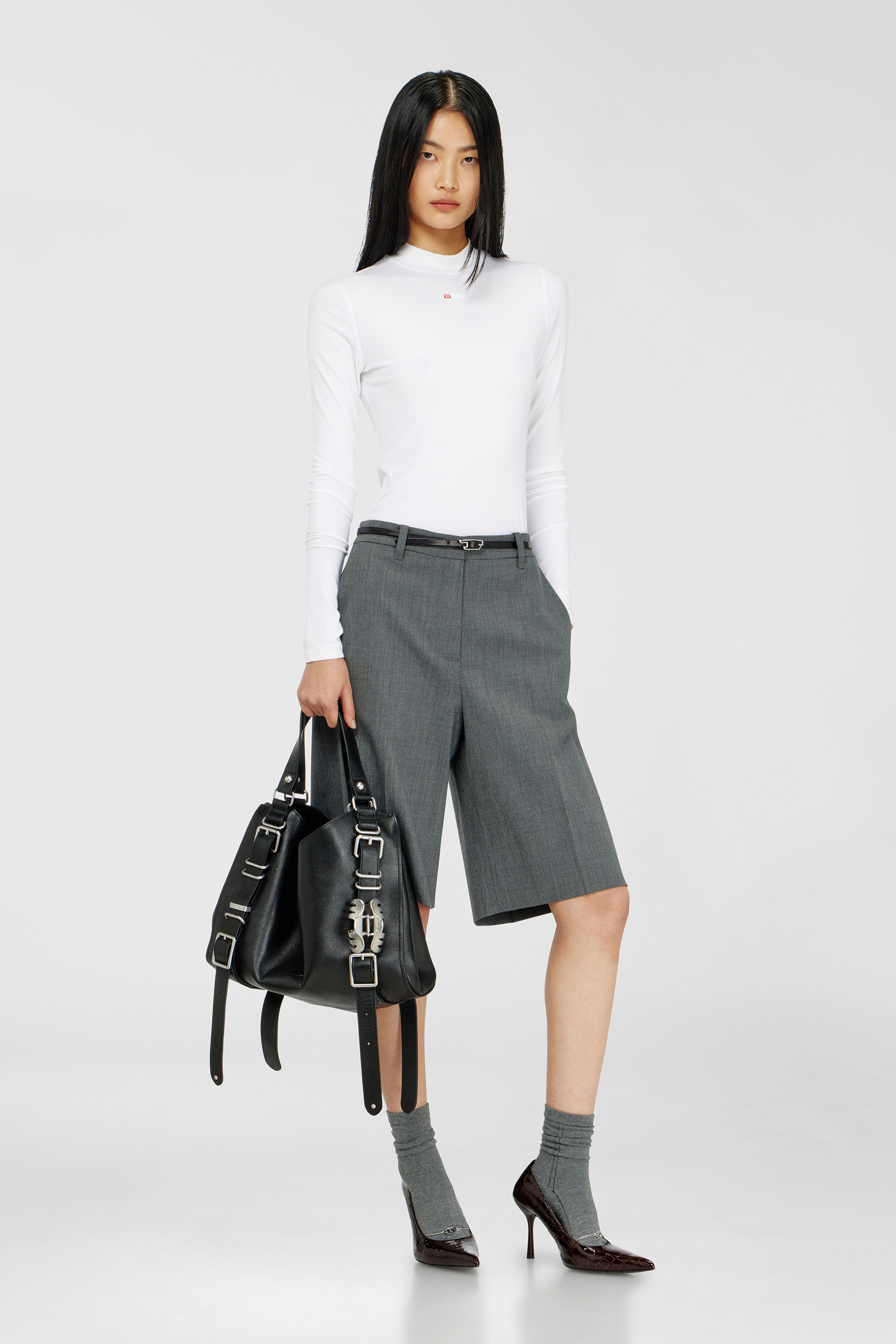 Diesel - T-MOKKY-LS-MICRODIV, Damen Geripptes Top mit Zierkragen in Wei&szlig; - 2