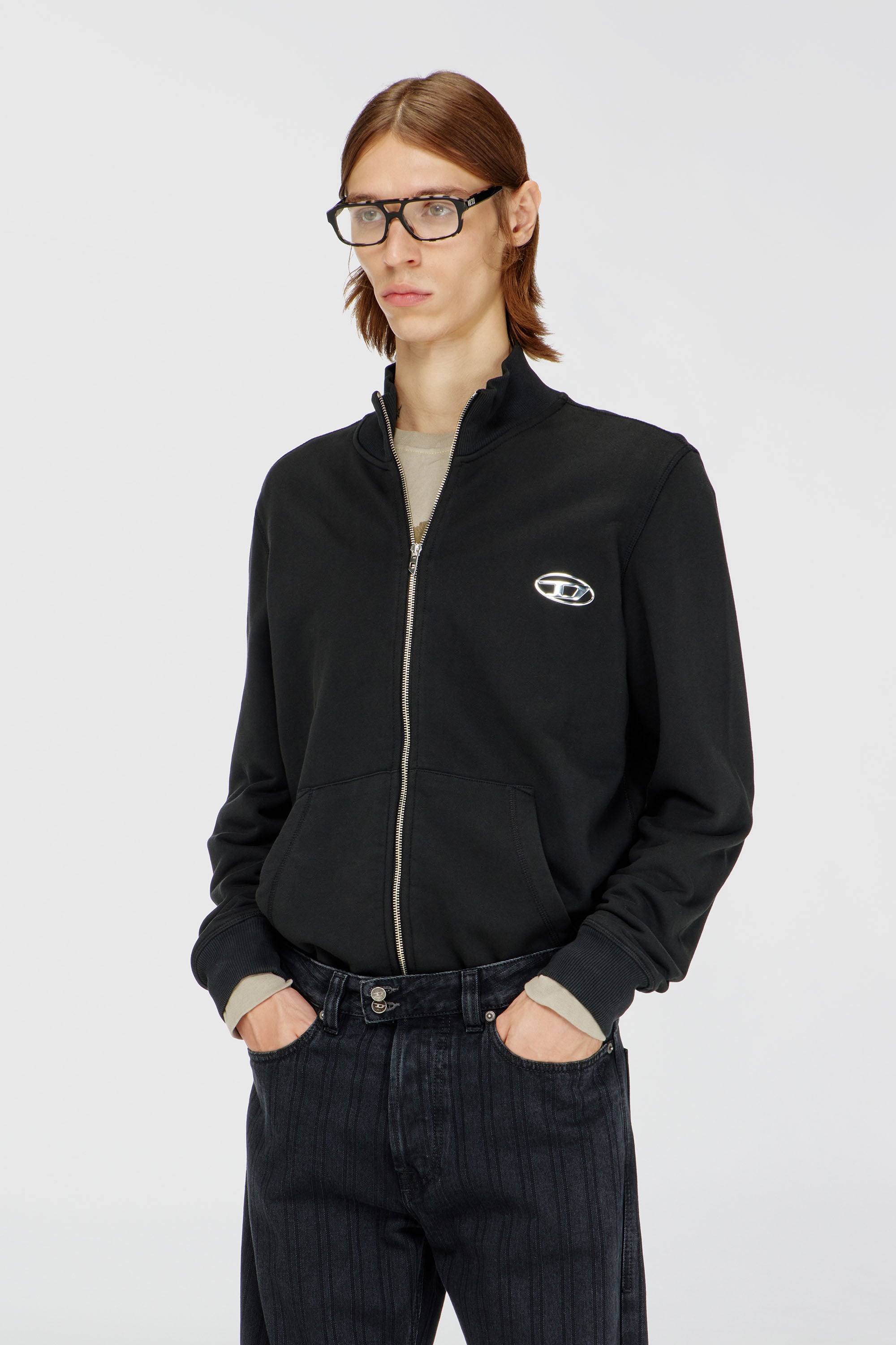 Diesel - S-GINN-ZIP-IOD, Herren Sweatshirt mit Stehkragen und metallischem Oval D in Schwarz - 1