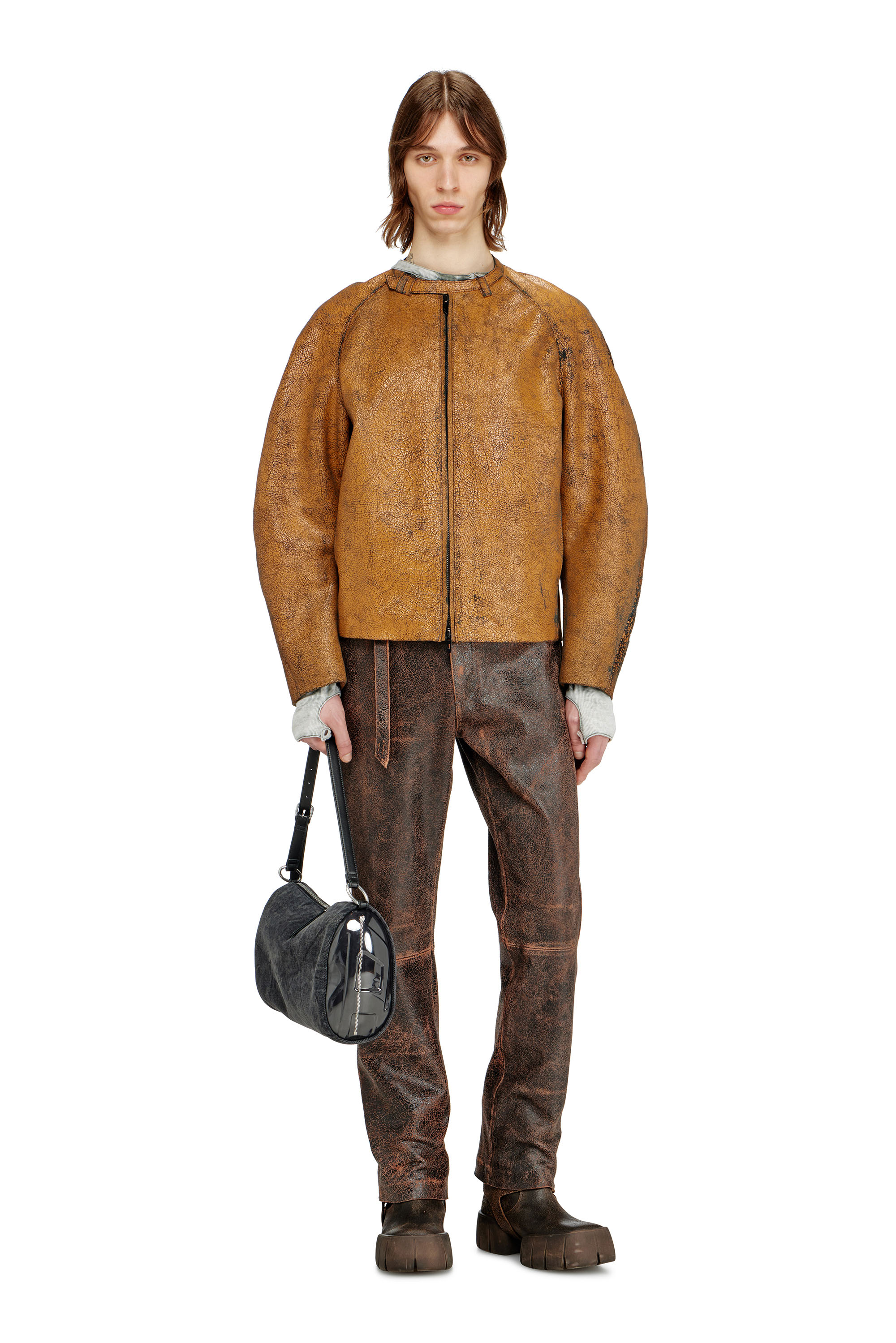 Diesel - P-NURI, Herren Hose aus Rissleder mit Biker-Riemendetail in Braun - 2