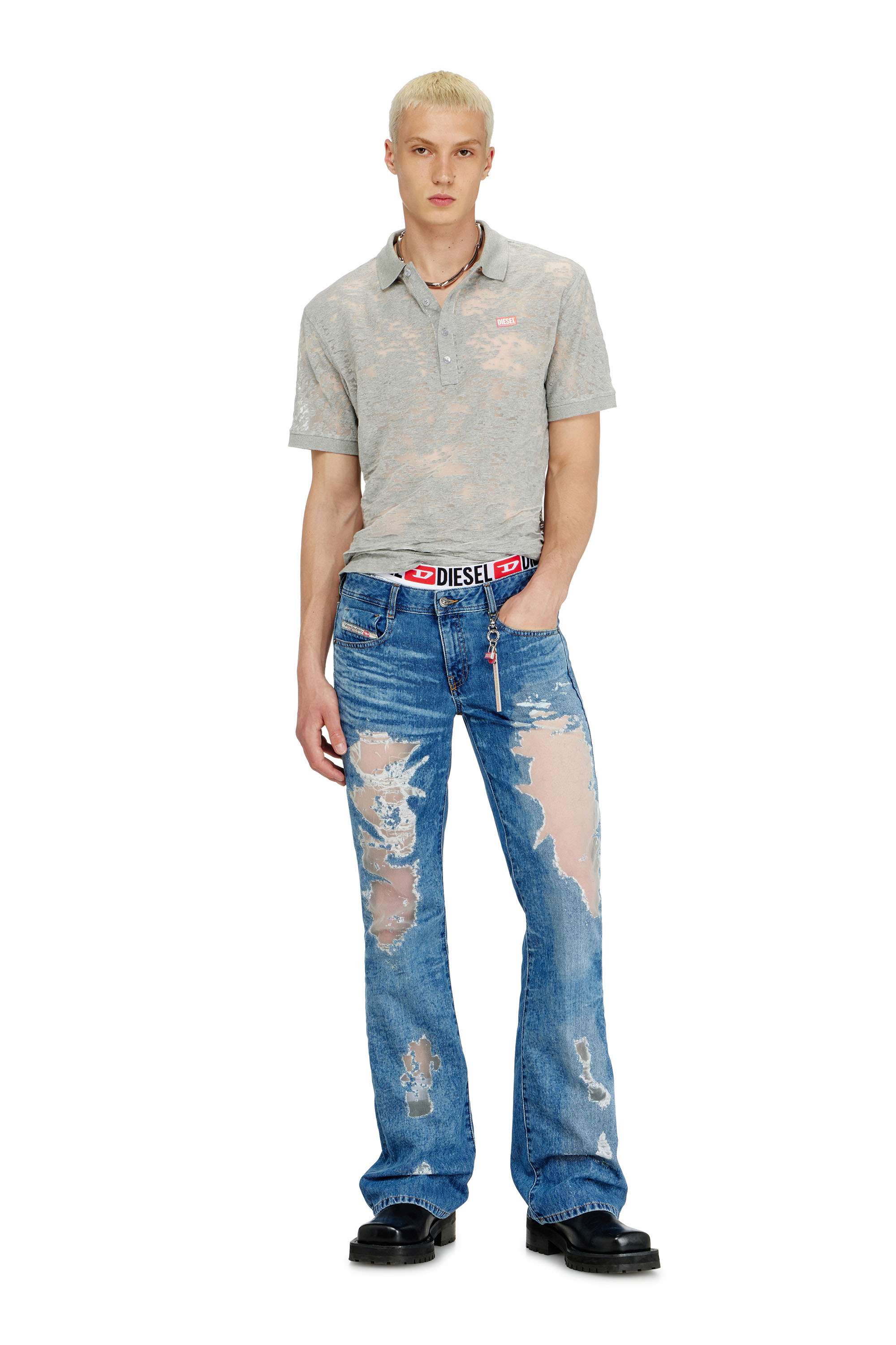 Diesel - PR-T-REJUST, Herren Poloshirt aus all-over devor&eacute;-Jersey in Hellgrau - 2