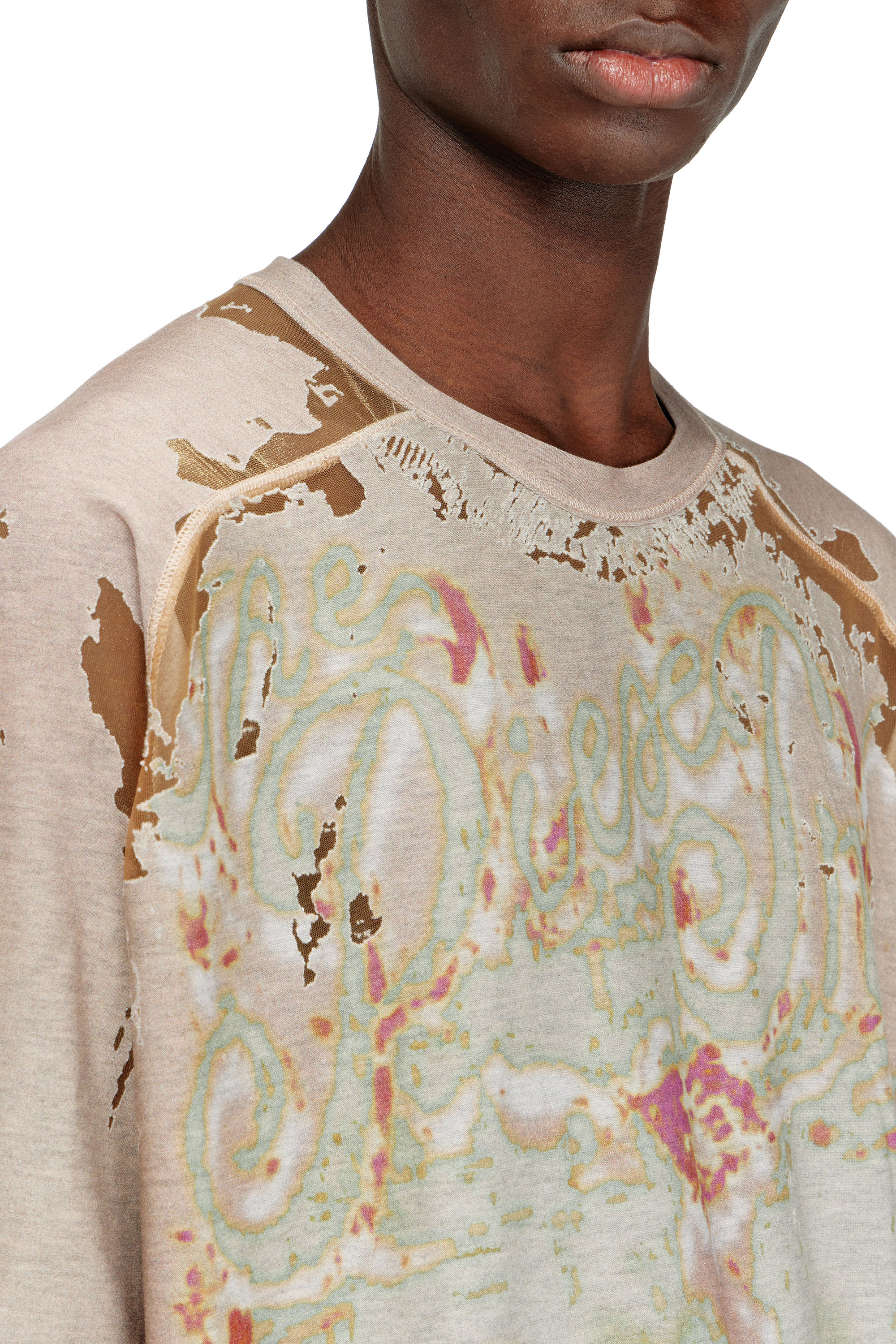 Diesel - T-LIVO, Herren T-Shirt aus bedrucktem Devor&eacute;-Jersey in Hellbraun - 5