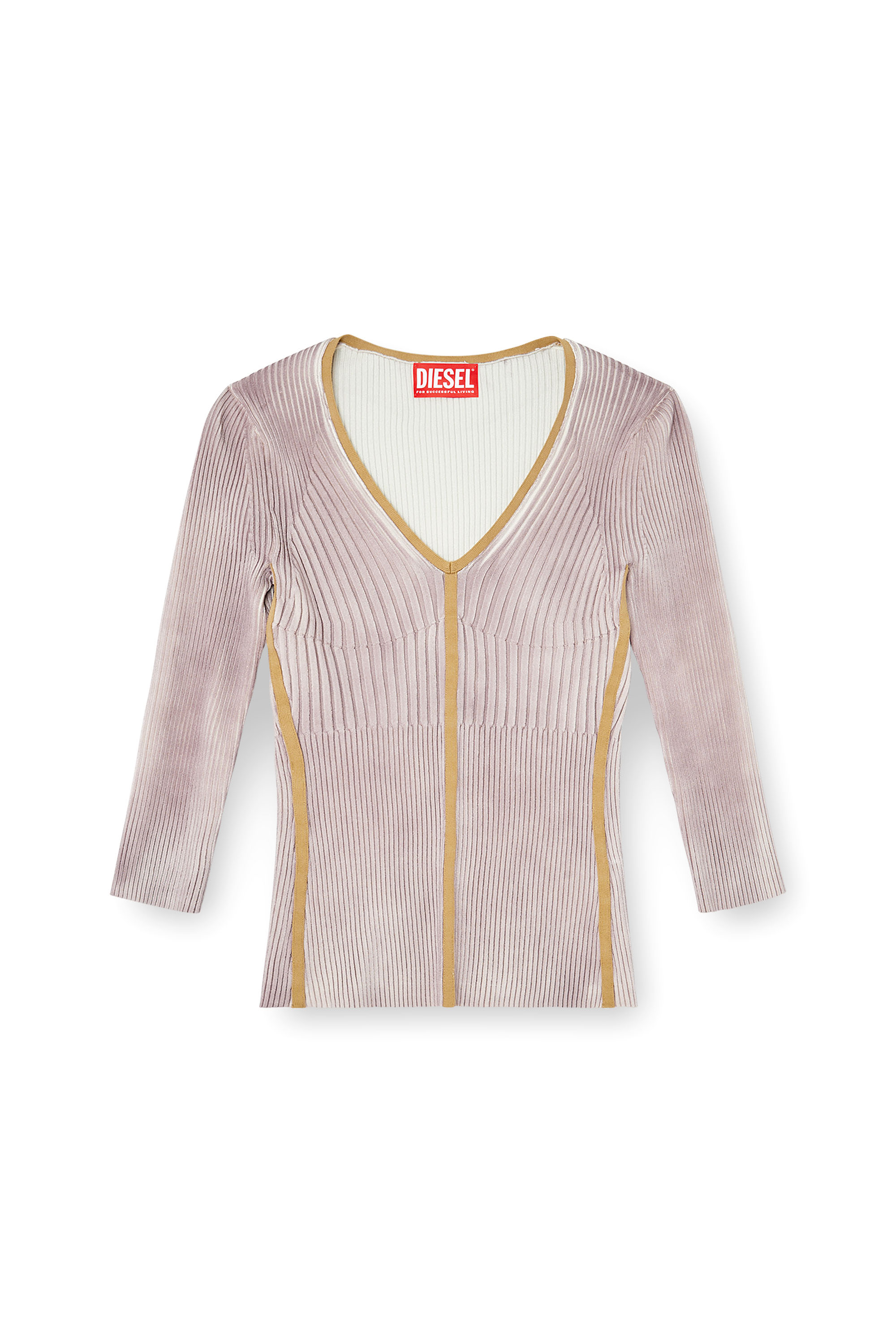 Diesel - M-SARMANI, Damen Gerippter V-Ausschnitt-Pullover mit kontrastierenden Streifen in Lila - 3
