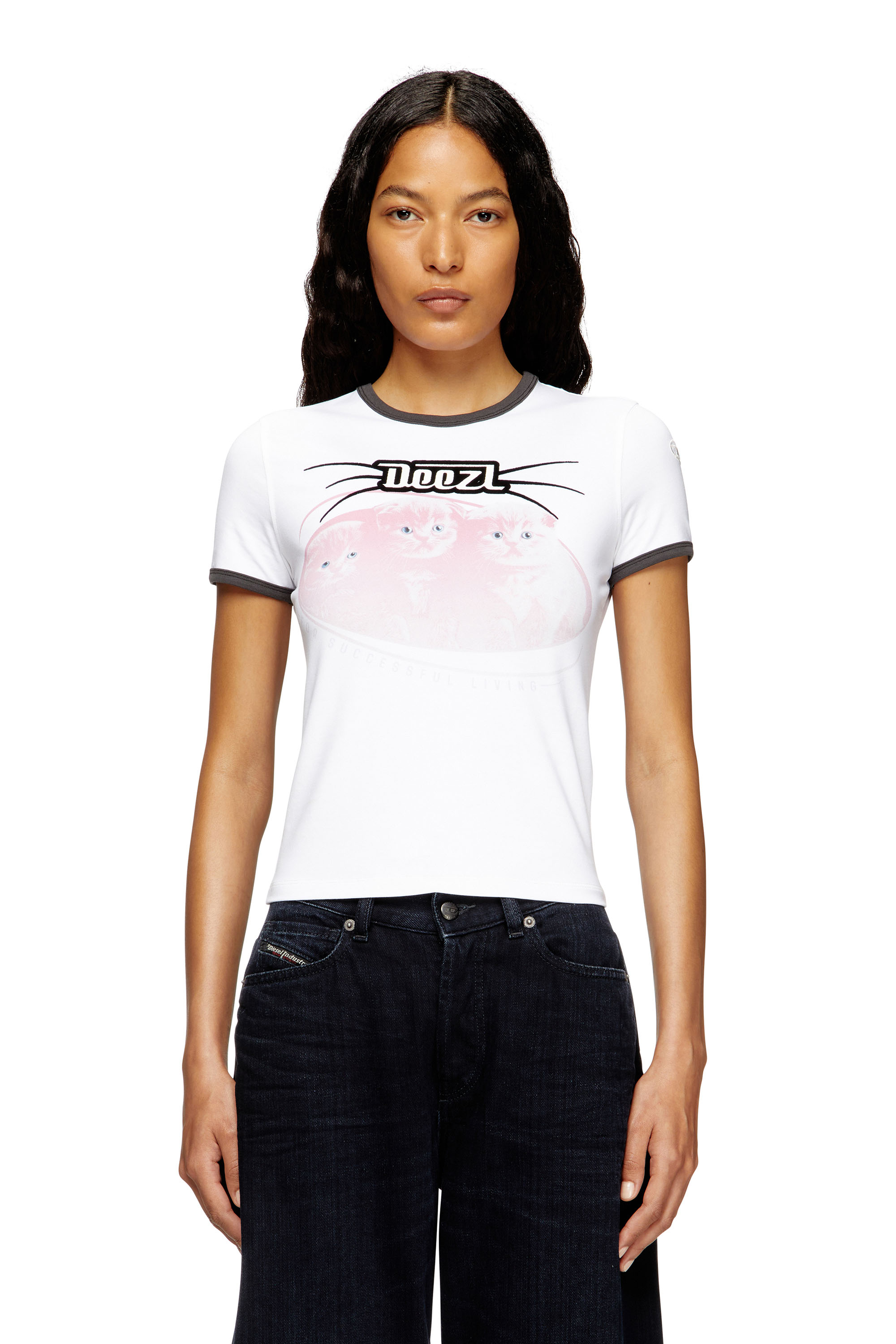 Diesel - T-UNCUTIES-LONG-R13, Damen T-Shirt aus Baumwolle mit Flockdruck in Weiß - 3