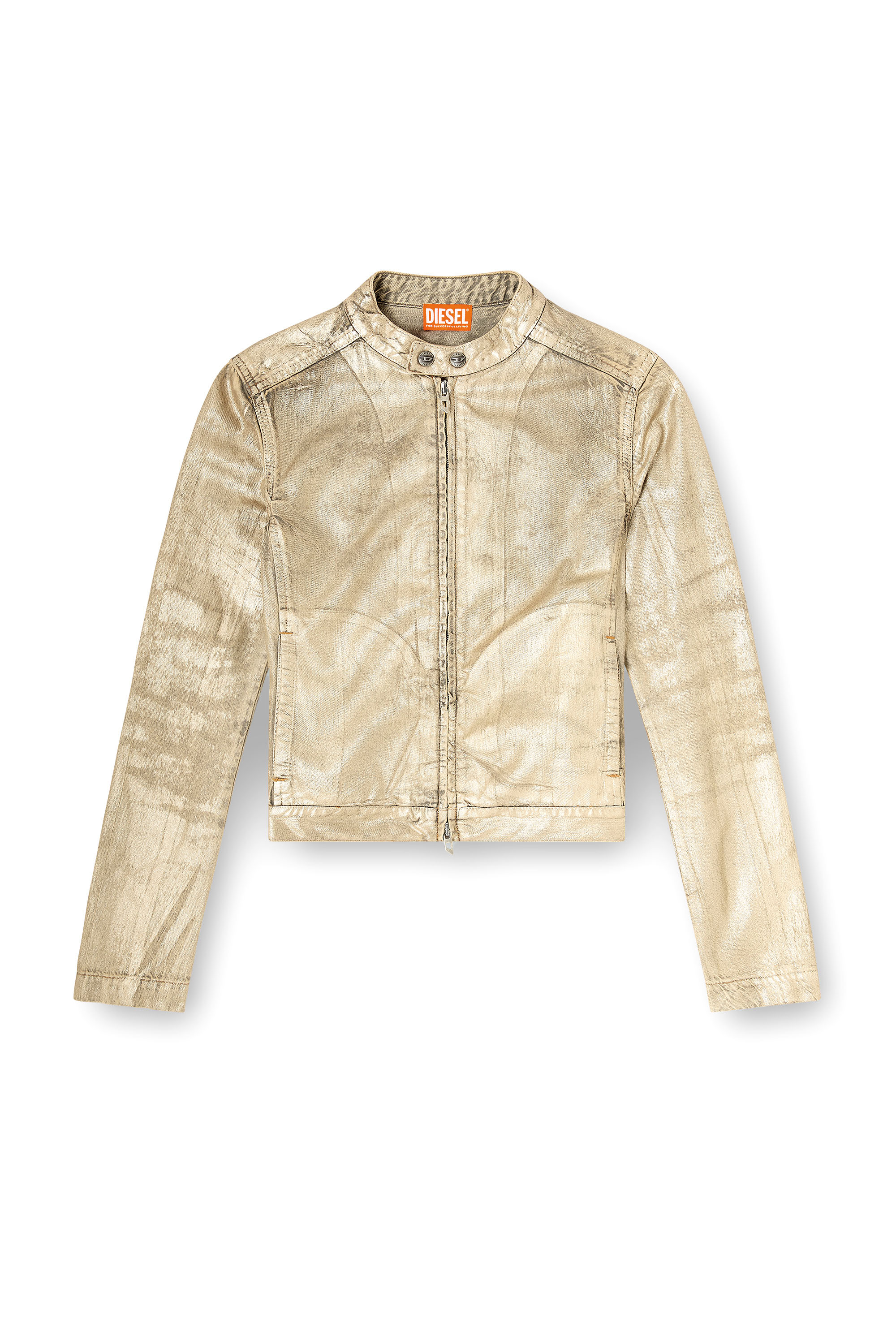 Diesel - DE-MORNIN-KG, Damen Bikerjacke aus distressed Metallic-Denim in Gold - 3