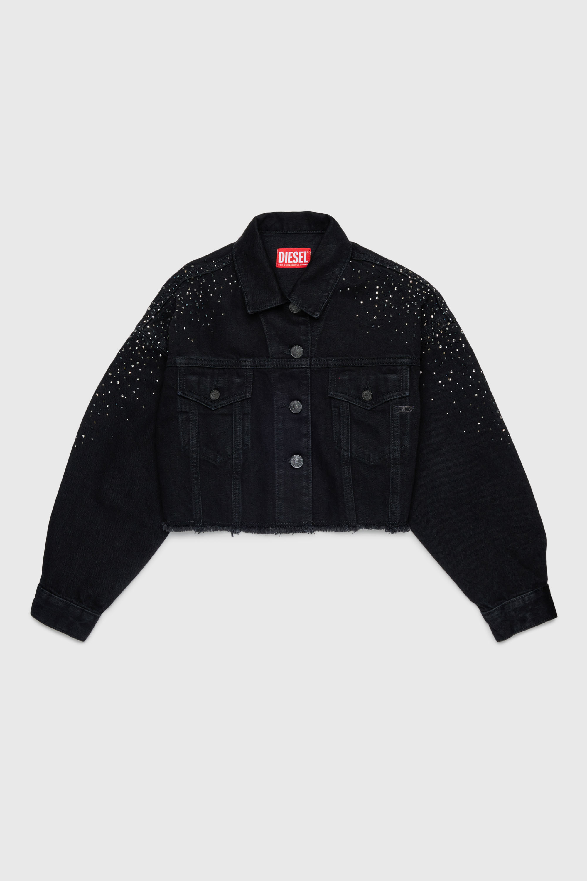 Diesel - JILBY, Damen Cropped verzierte Truckerjacke in Schwarz/Dunkelgrau - 1