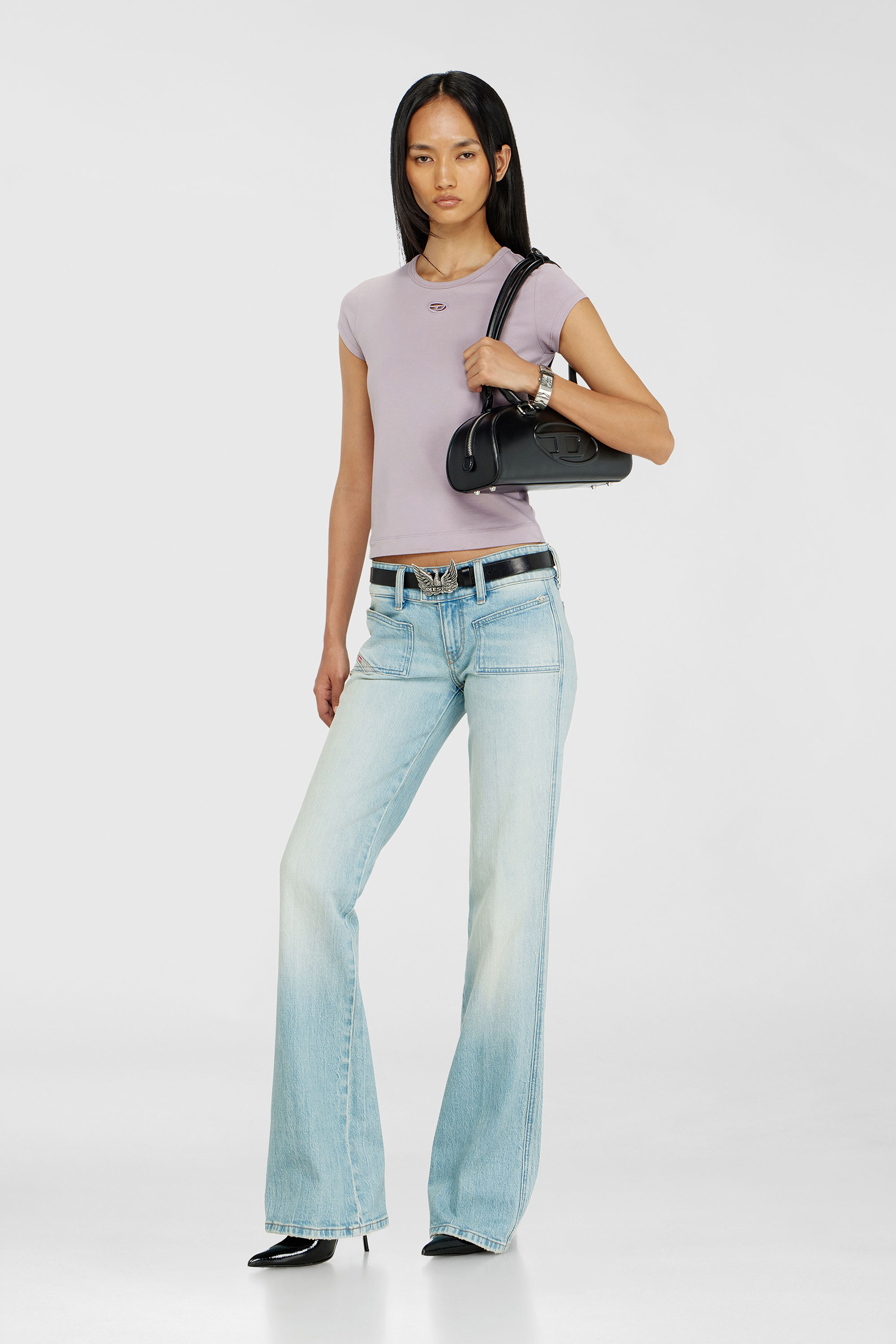Diesel - T-ANGIE-OD, Damen T-Shirt mit ausgeschnittenem, besticktem Logo in Lila - 1